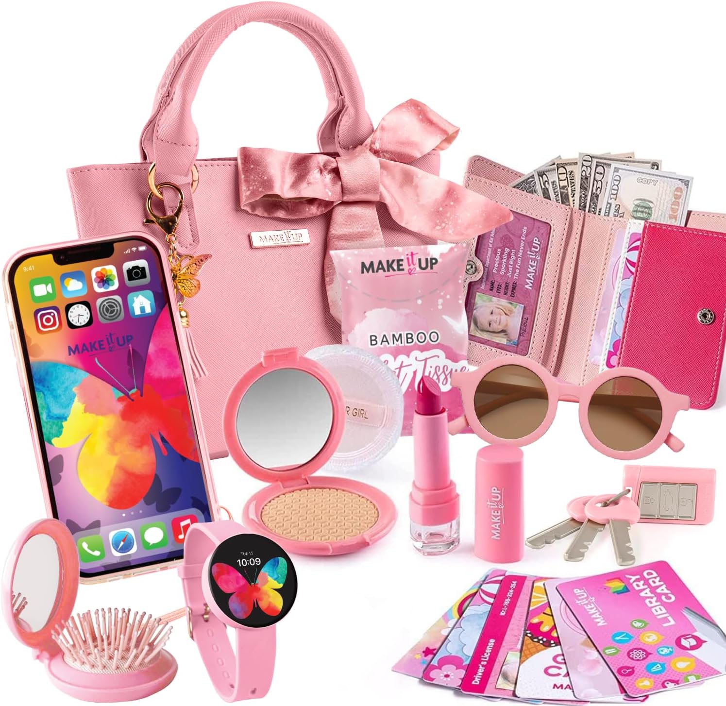 Play Purse for Little Girls and Toddlers with Pretend Play Accessories: Toy Phone, Wallet, Credit Cards, Keys, Makeup for Role Playing Ages 3 4 5 6 7 8 Years and Up (American Version)