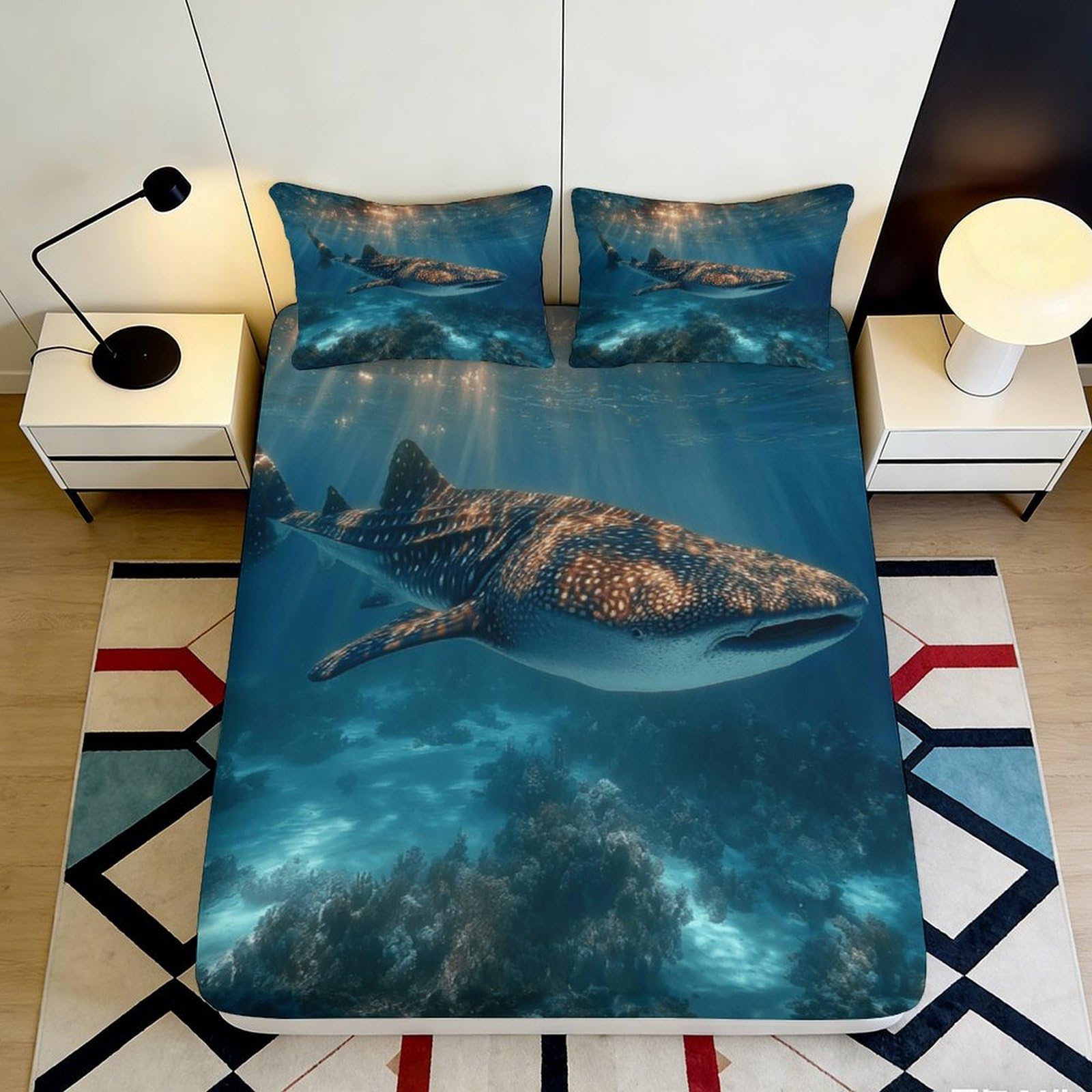3D Printed Whale Shark Ocean Fitted Sheet Microfiber Anti-Slip Mattress Cover Machine Washable for Bedroom Decor 120x200x25cm