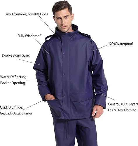 Miniatura 4 de Men's Pro Workwear Rain Suit 3-Piece Waterproof Jacket with Zip Hood & Bib Pant Heavy-Duty PU for Industrial & Work