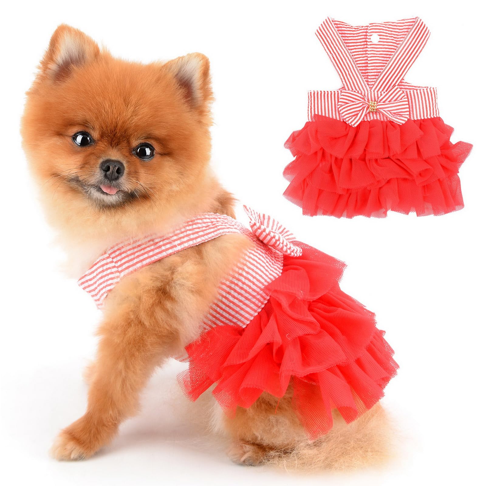 PAIDEFUL Small Dog Dress Striped Denim Organza Bow Beads Tutu Skirt Summer Soft Comfortable Breathable Puppy Clothes Sleeveless Button Cats Costume Birthday Party, Red, XXL