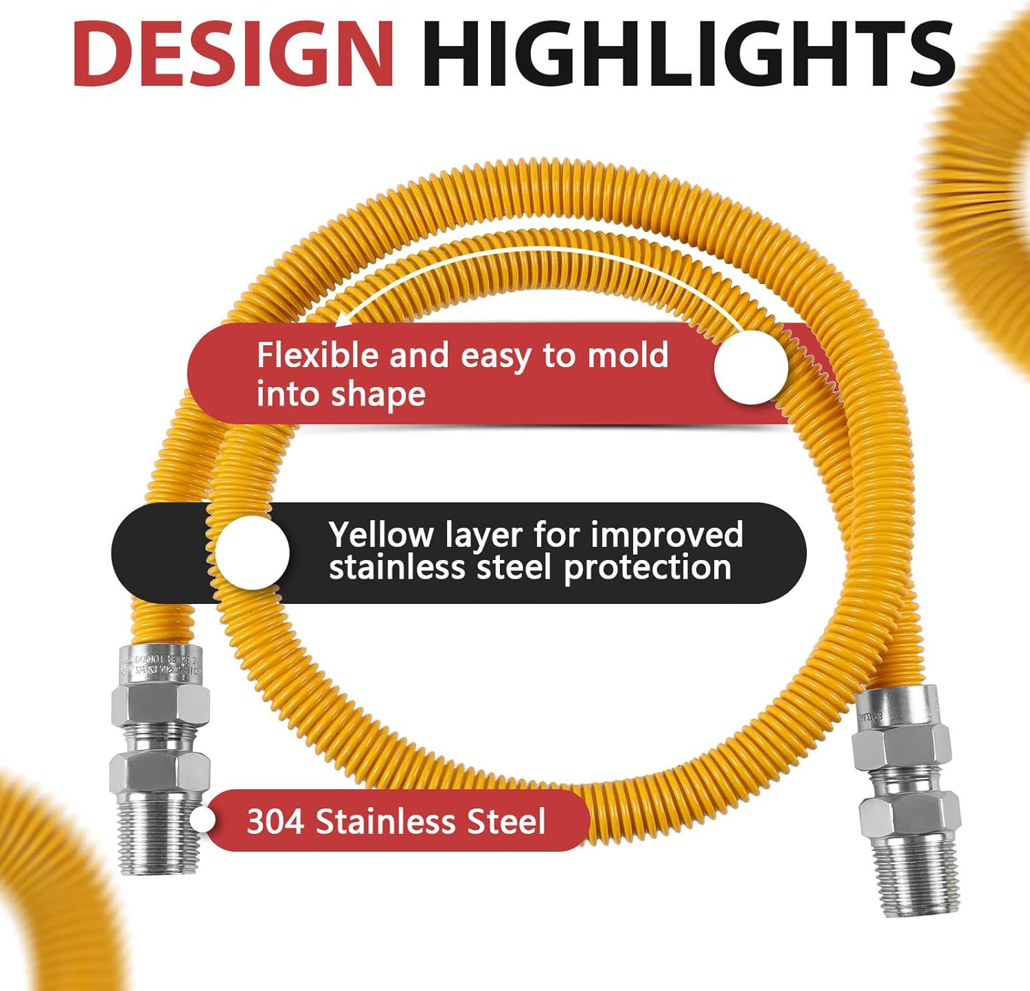 (Pack of 1) Efield 36-Inch Flexible Gas Line Connector, 1/2" MIP x 1/2" MIP Brass Adapter, Stainless Steel Gas Hose, Yellow,(HOSE071)