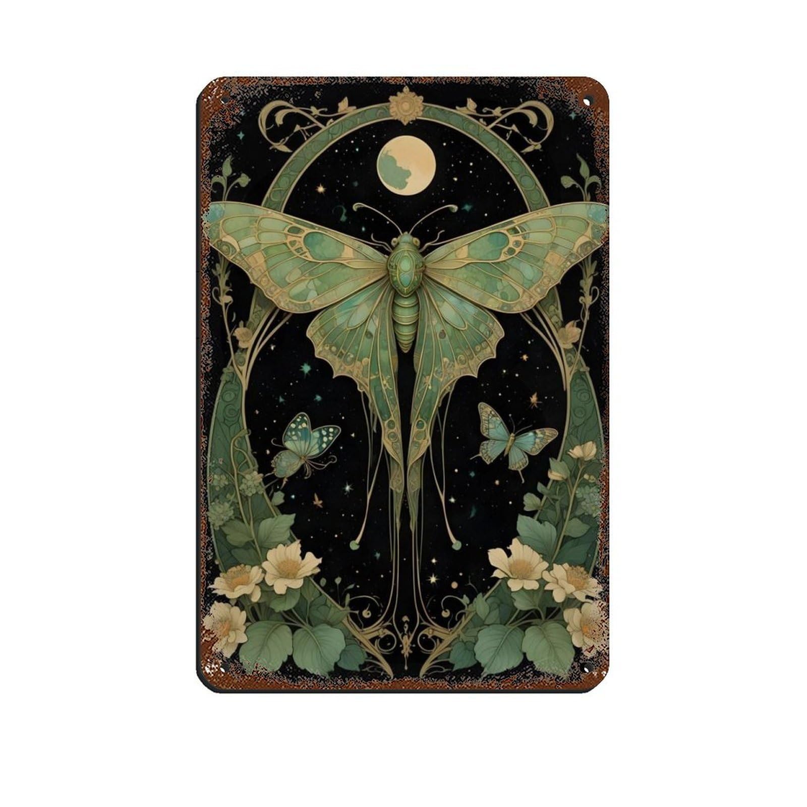 Art Nouveau Green Moth, Vintage Retro Art Tin Sign Vintage Metal Pub Club Cafe Bar Home Wall Art Decoration Poster Retro 8x12inch(20x30cm)
