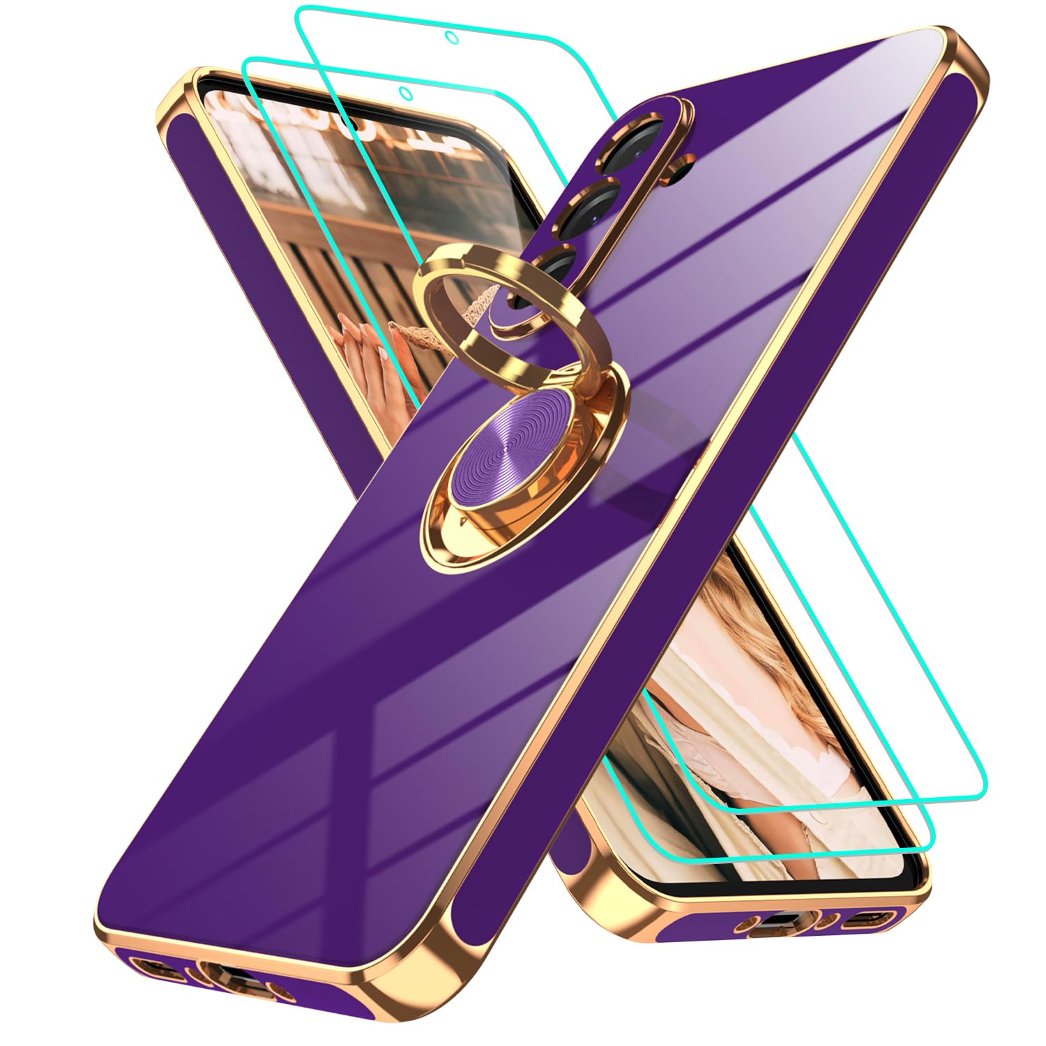 Gritup für Samsung Galaxy A36 Hülle mit 2 Stück HD-Bildschirmschutz und eingebaute Ring Kickstand Handyhülle,TPU Silikon Galvanik Stoßfest Schutzhülle Cover for A 3 6 5G, lila