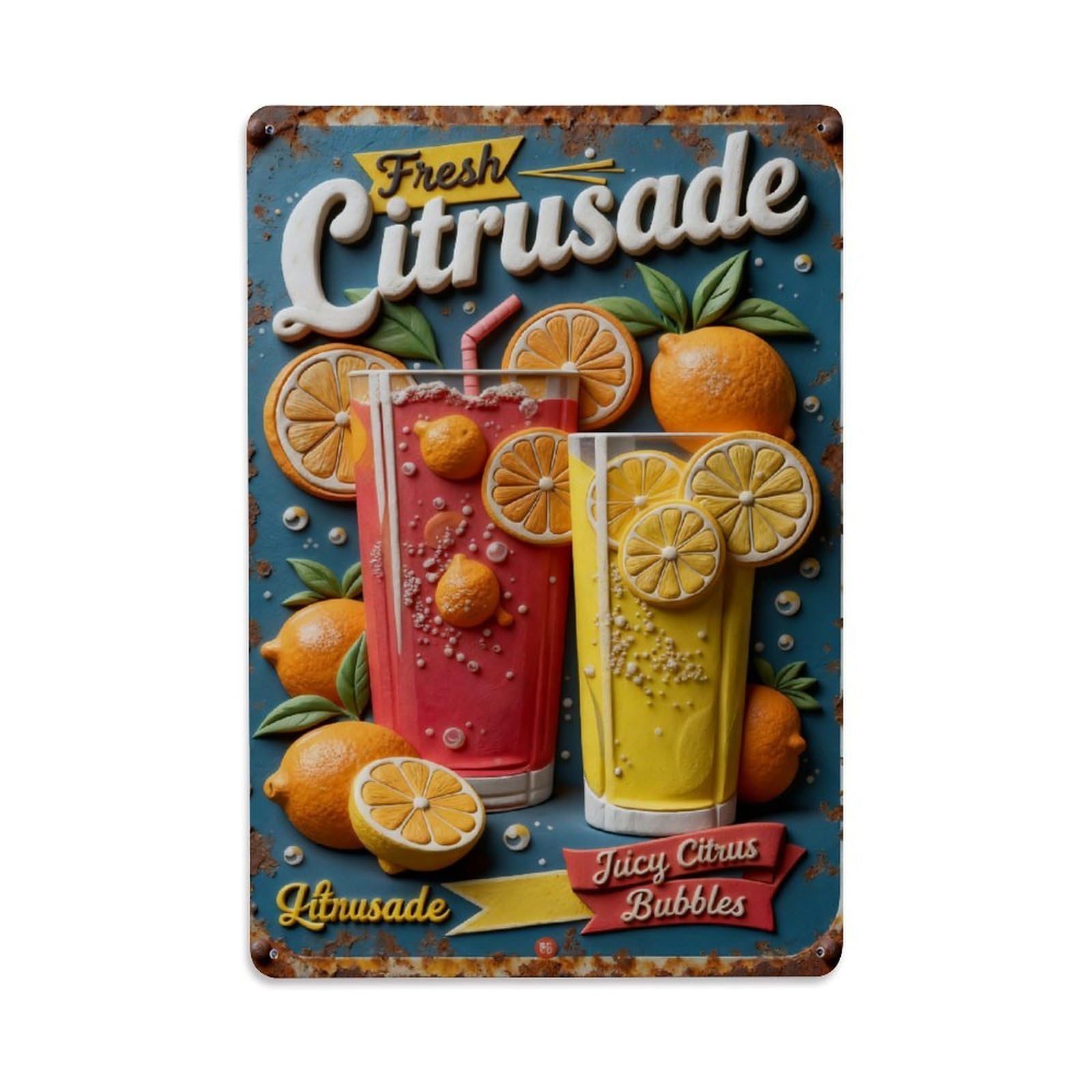 Fresh Lemonade Juicy Fruit Bubbles Vintage Metal Tin Sign Retro Wall Decor, Bar Garage Cafe Kitchen Home Wall Art Poster Decoration 8x12inches