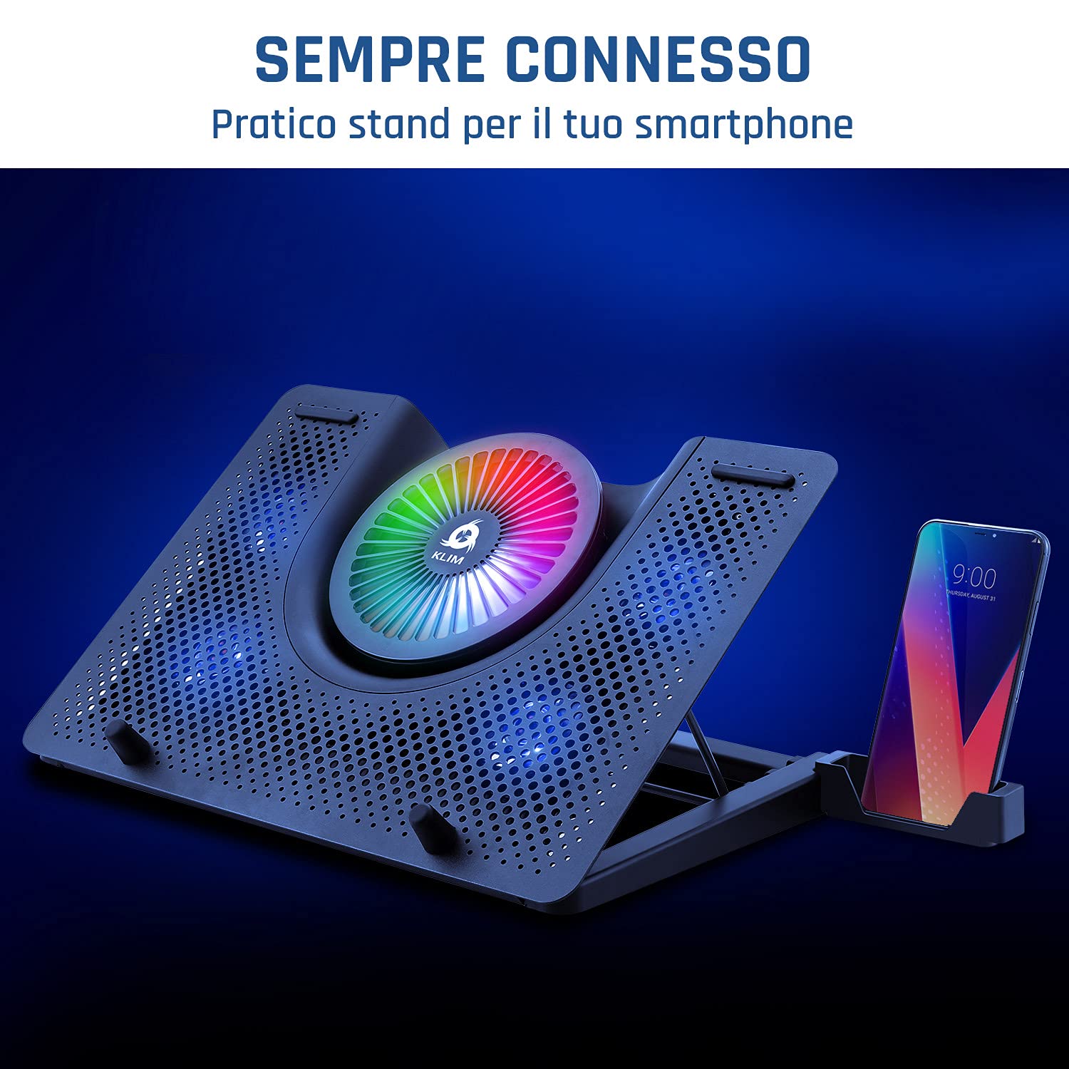 KLIM Nova - Base di raffreddamento RGB per PC portatili da 11" a 17" - Supporto di raffreddamento per laptop da gaming - USB - Stabile e silenzioso - Compatibile con Mac e PS4 - Novità Versione