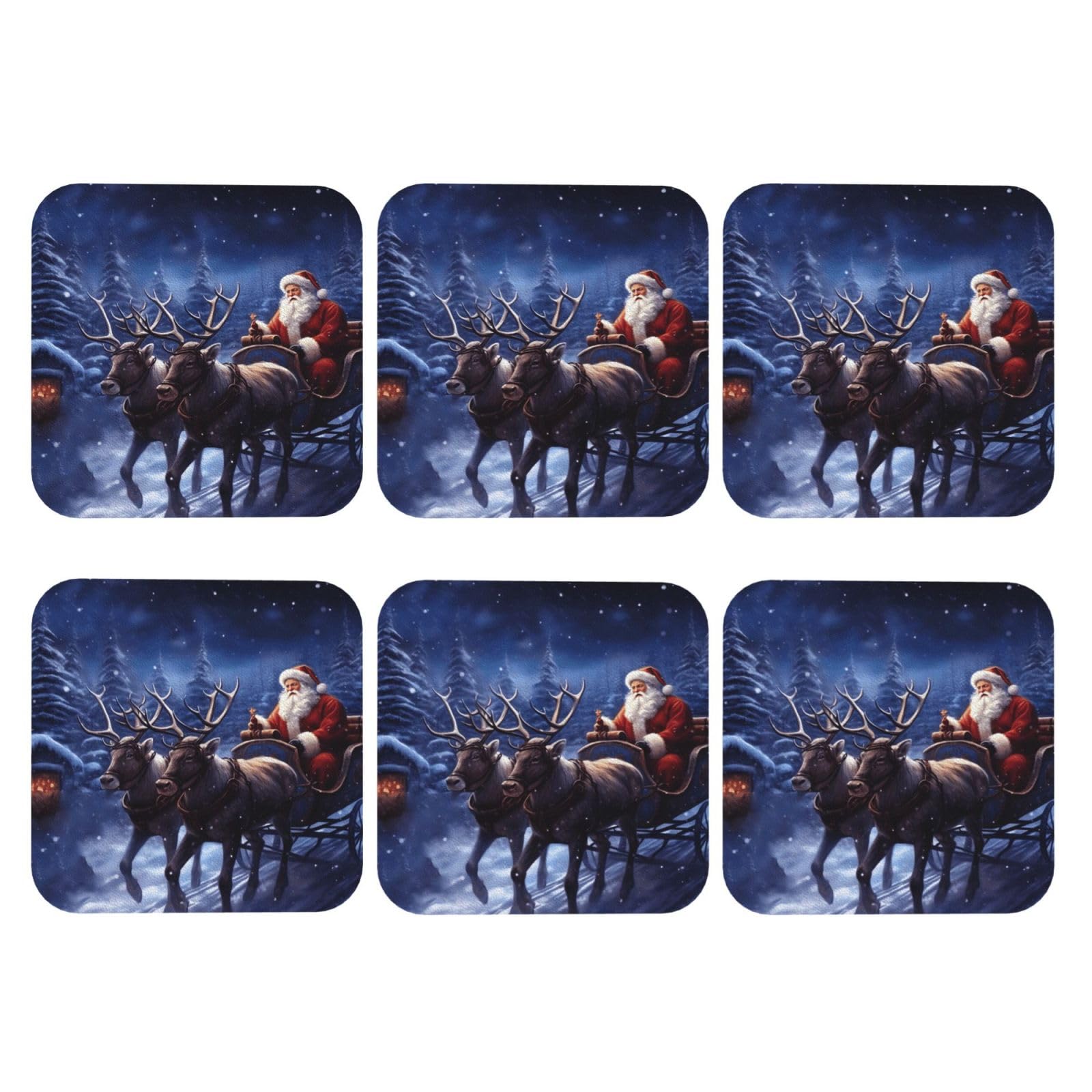 6pcs Leather Coasters for Drinks, Snow Night Santa and Deer Drink Coasters for Tabletop Protection, 4" Cup Coasters for Coffee Table Decor, Non-Slip Drinking Cup Mat for Hot Or Cold Drink