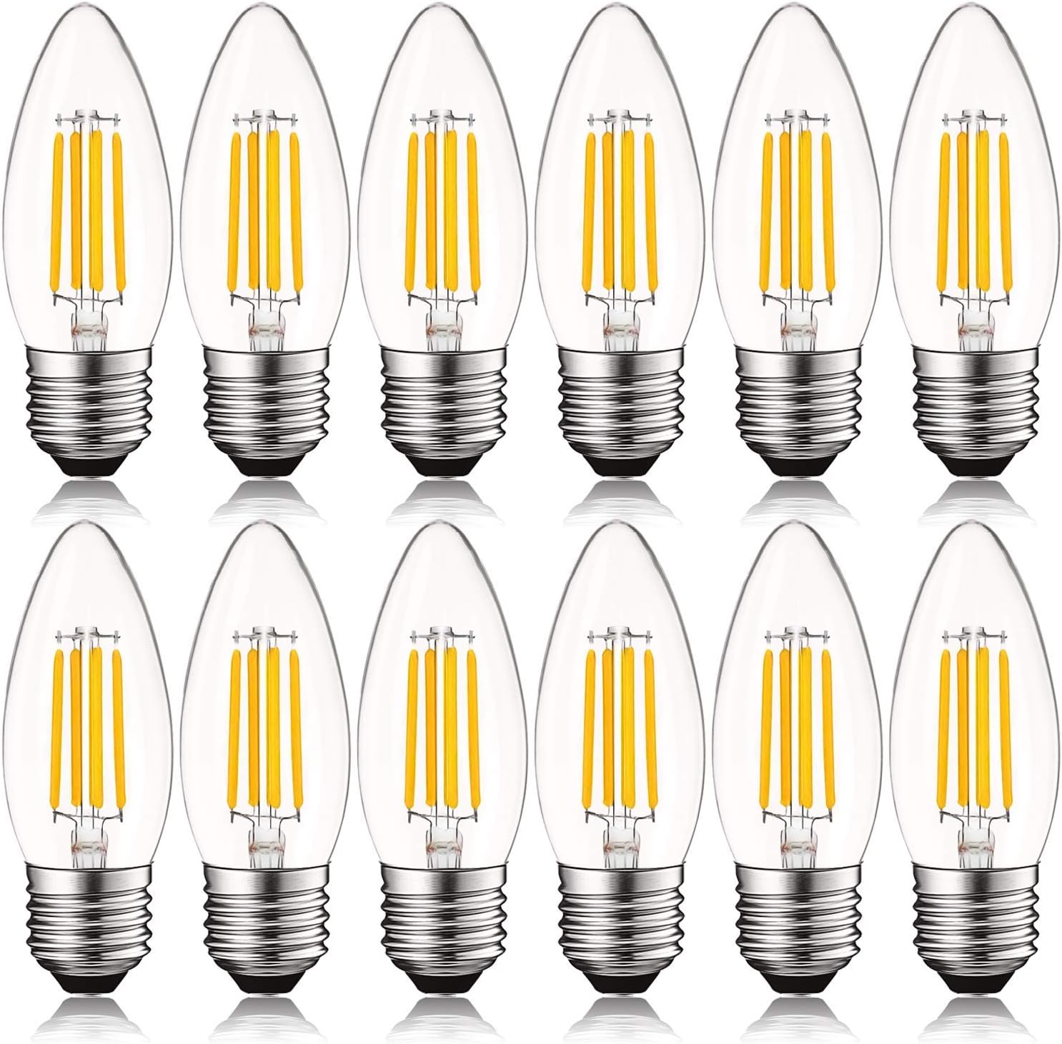 Luxrite 5W Vintage E26 Candelabra LED Bulbs 60W Equivalent, 550 Lumens, 2700K Warm White Dimmable, Medium Base Candelabra Bulb, Torpedo Tip Clear Glass, Edison Filament Light Bulb, UL Listed (12 Pack)