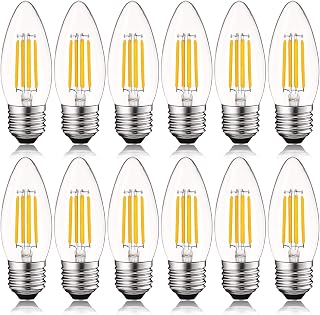 Luxrite 5W Vintage E26 Candelabra LED Bulbs 60W Equivalent, 550 Lumens, 2700K Warm White Dimmable, Medium Base Candelabra Bulb, Torpedo Tip Clear Glass, Edison Filament Light Bulb, UL Listed (12 Pack)