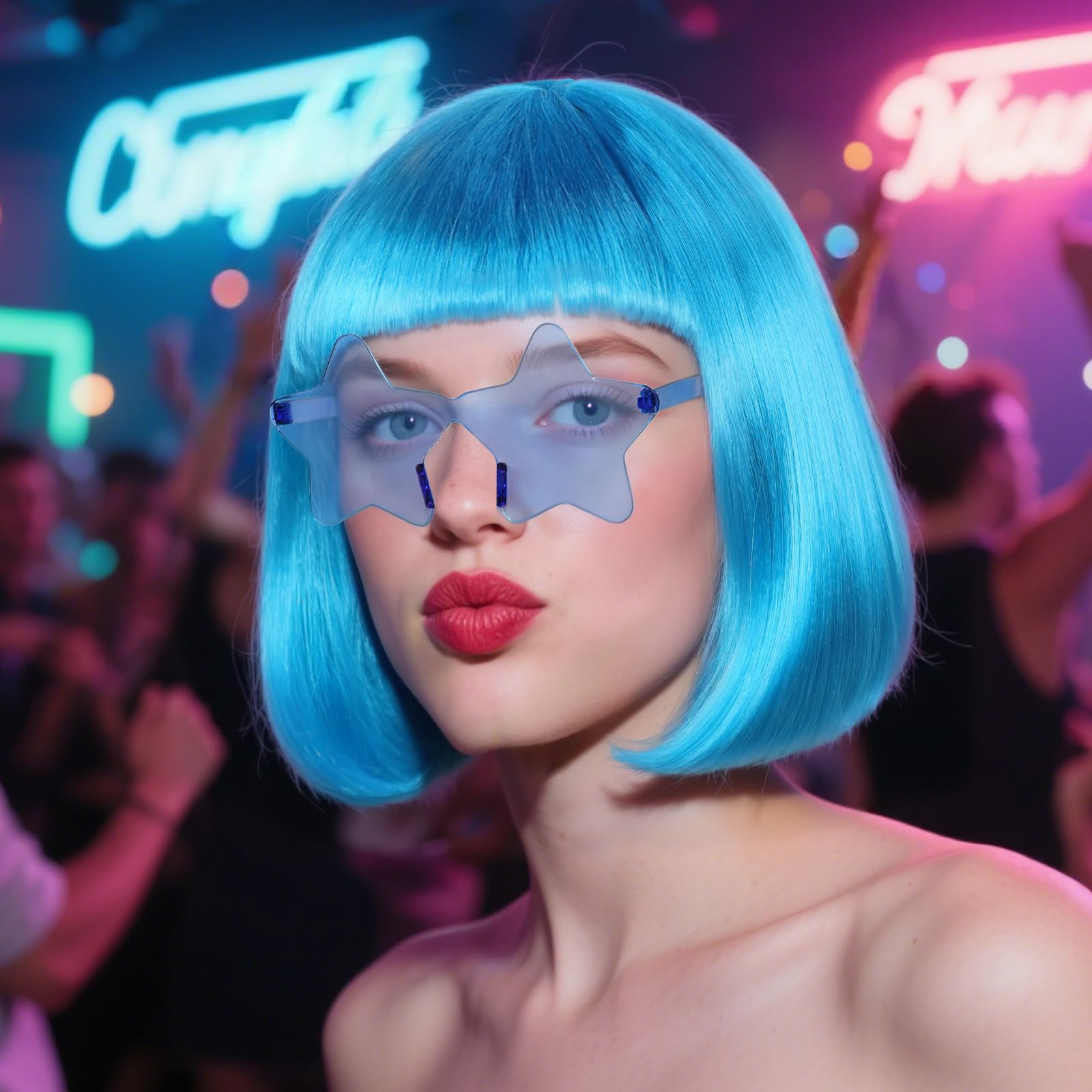BEKIDER Light Blue Bob Wig (1 Pair of Glasses+ 1 Hair Cap) Colored Wigs Party Outfit Colorful Bob Wig with Bangs Funny Wigs Mardi Gras Costume Blue Synthetic Hair for Halloween - Image 4