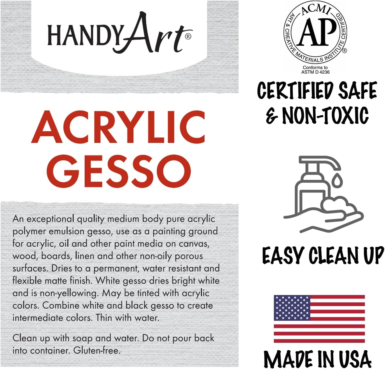 Handy Art Acrylic Gesso, Gallon, Black, Primer for Canvas, Wood, & Artist Painting Surfaces, Enhances Acrylic Paint Adhesion, Low Viscosity, Thick Coverage, Certified Safe & AP Non-Toxic, Made in USA