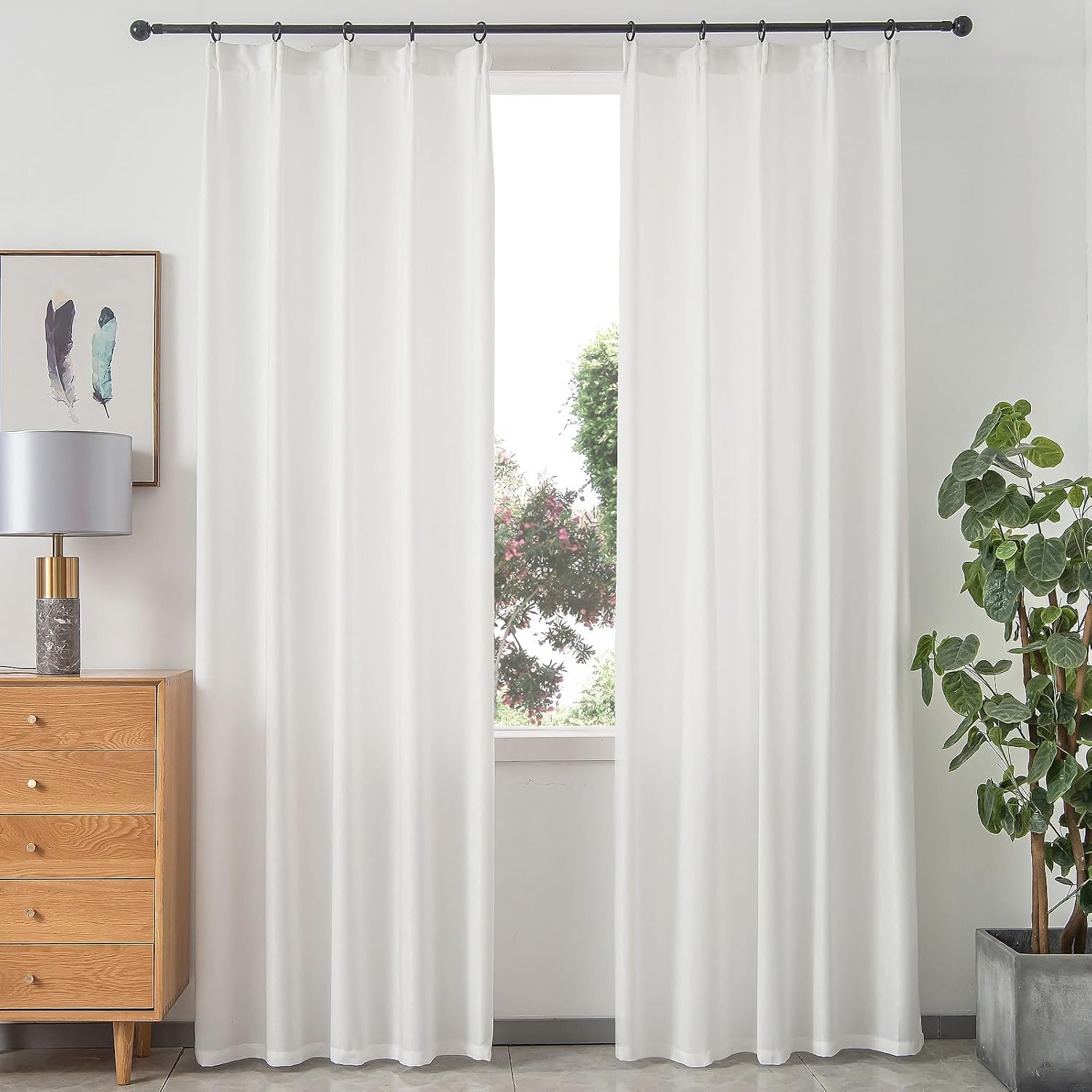 White Privacy Curtains 108 Inches Long 2 Panels, Soft Velvet Non See Through Window Treatments, Opaque Light Filtering Curtains & Drapes, Pinch Pleat Floor to Ceiling Curtain with Hooks