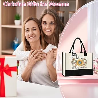 Tecanne Christian Gifts for Women, Canvas Tote Bag with Makeup Bag