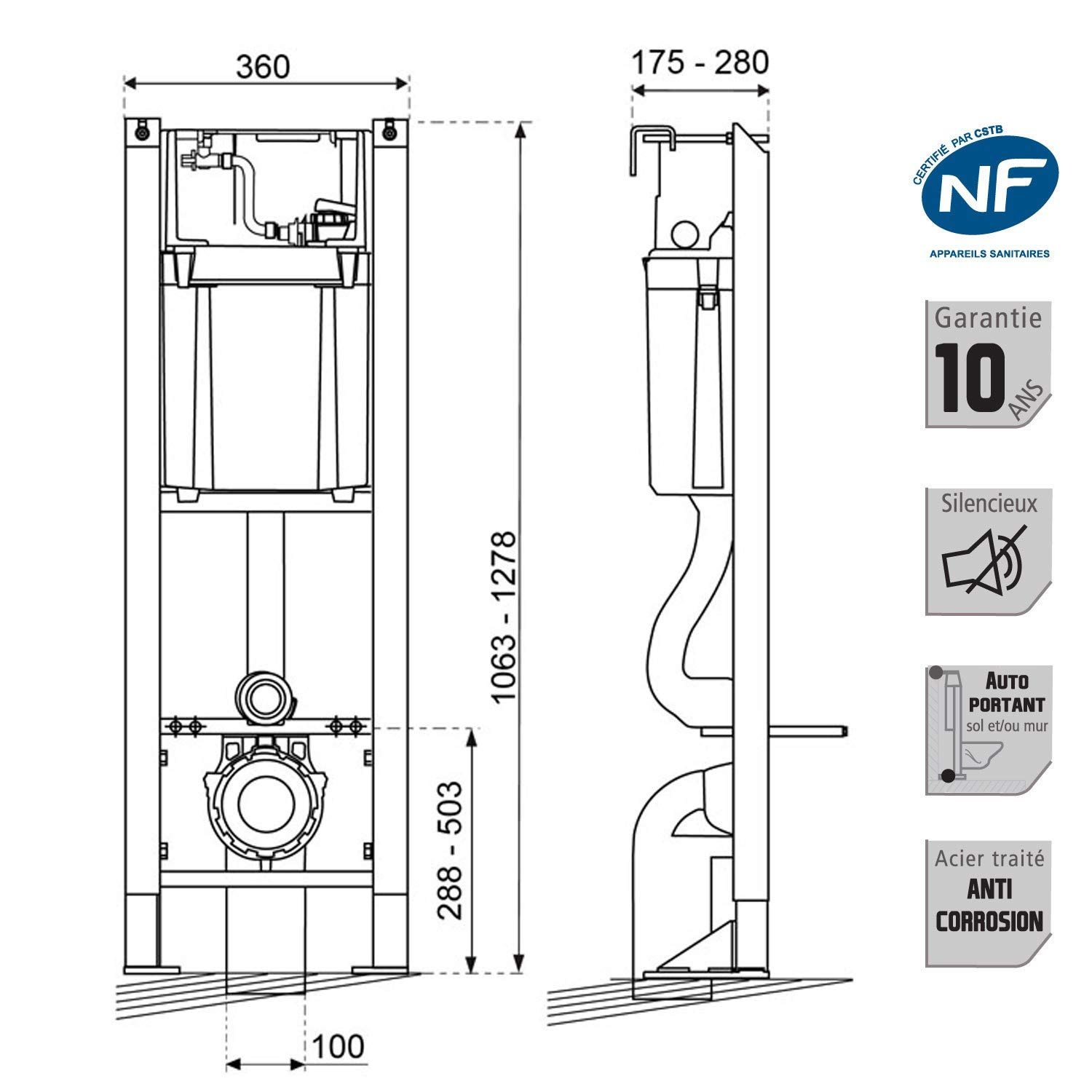 Pack Complet WC Sans Bride + Cuvette suspendu sans bride + Plaque DESIGN (Bâti chrono autoportant, Plaque noir mat soft touch)