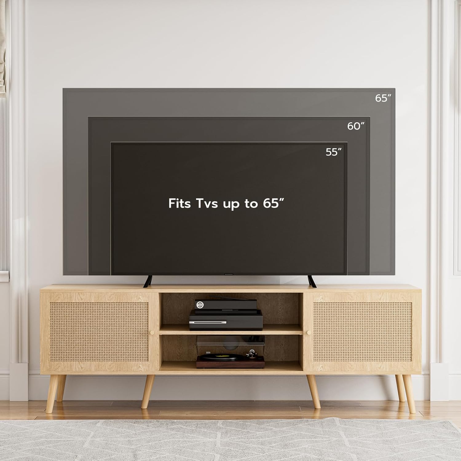 TV Stand for TVs up to 65'', Entertainment Center With Rattan Door, Shelves & 2 Cabinets, Long Boho Media Console for Living Room, Natural - Image 3