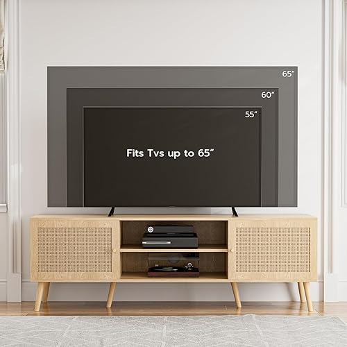 Miniatura 3 de Soporte de TV para televisores de hasta 65 pulgadas, centro de entretenimiento con puerta de ratán, estantes y 2 gabinetes, consola multimedia larga