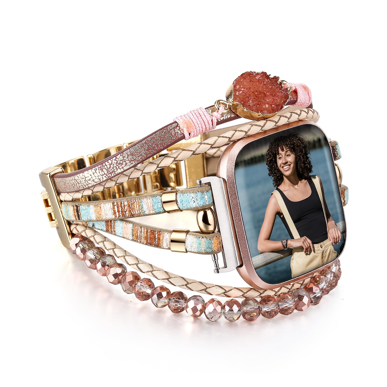 HARAVAL Leather Beaded Bracelet Compatible with Fitbit Versa 4/Versa 3 Bands/Sense 2/Sense Bands for Women Men, Cute Handmade Multilayer Wrap Boho