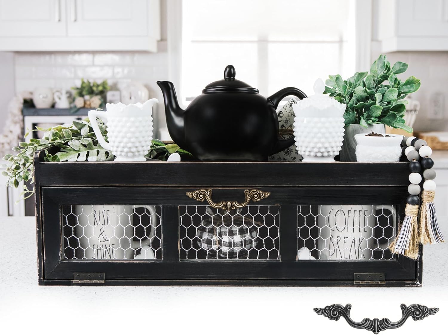 Farmhouse Chicken Wire Countertop Shelving Organizer, Decorative Kitchen Pantry Storage Cabinet, Rustic Counter Storage Display, Country Kitchen Island Decor (Black)