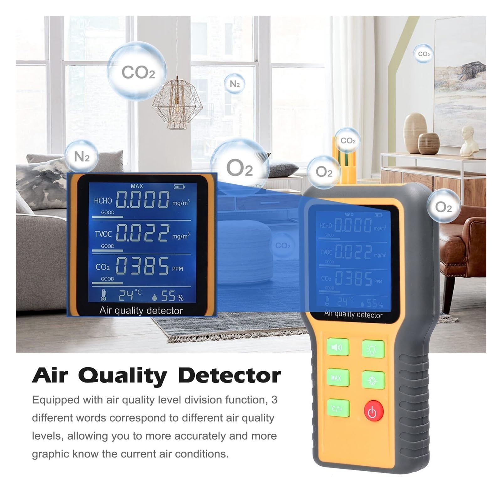 Misuratori di CO2 Rilevatore monitor della qualità 'aria Display LCD con anidride carbonica retroilluminata TVOC HCHO Sensore rilevamento 'umidità temperatura Per cucina e camper