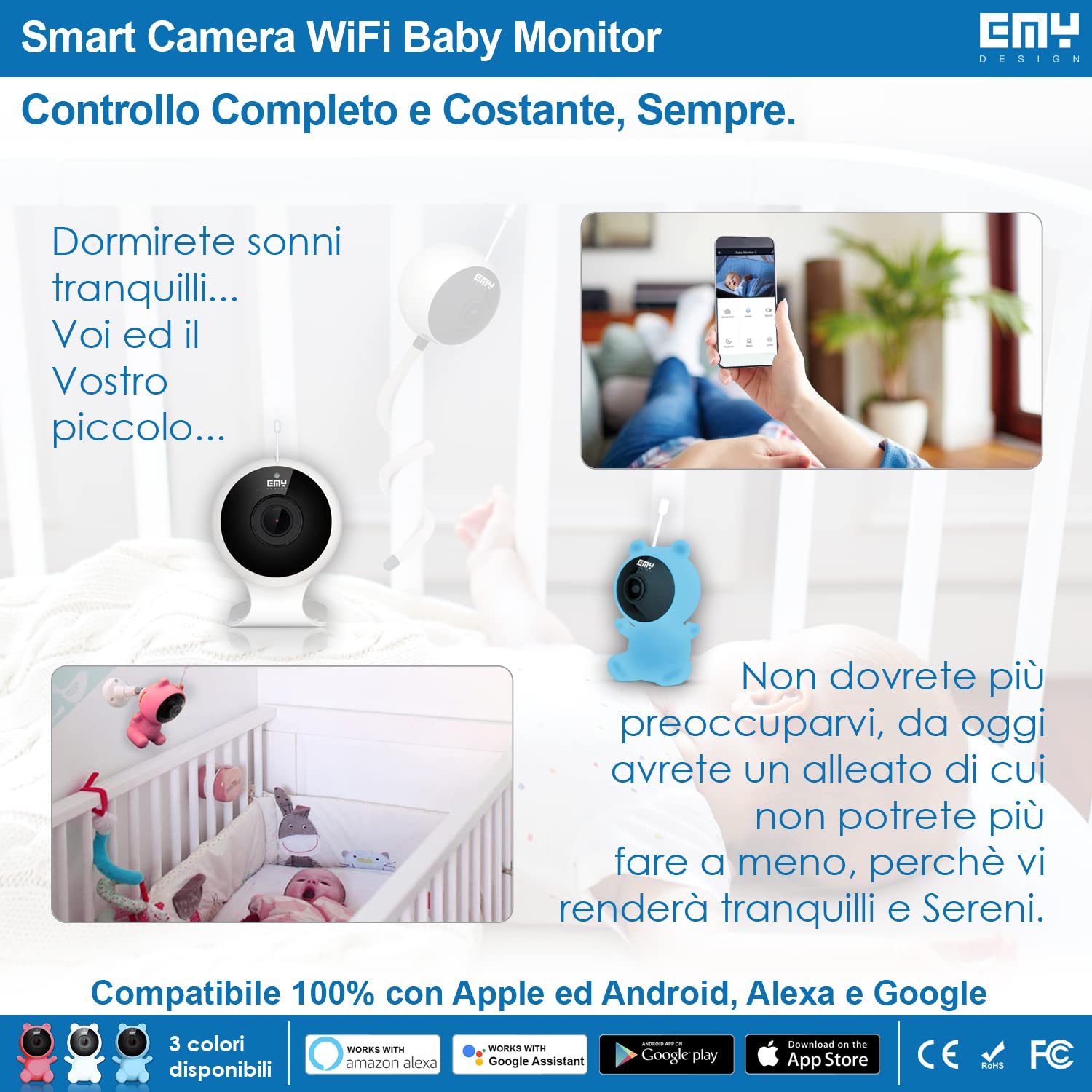 Smart Baby Monitor Video e Audio WIFI, Bianco