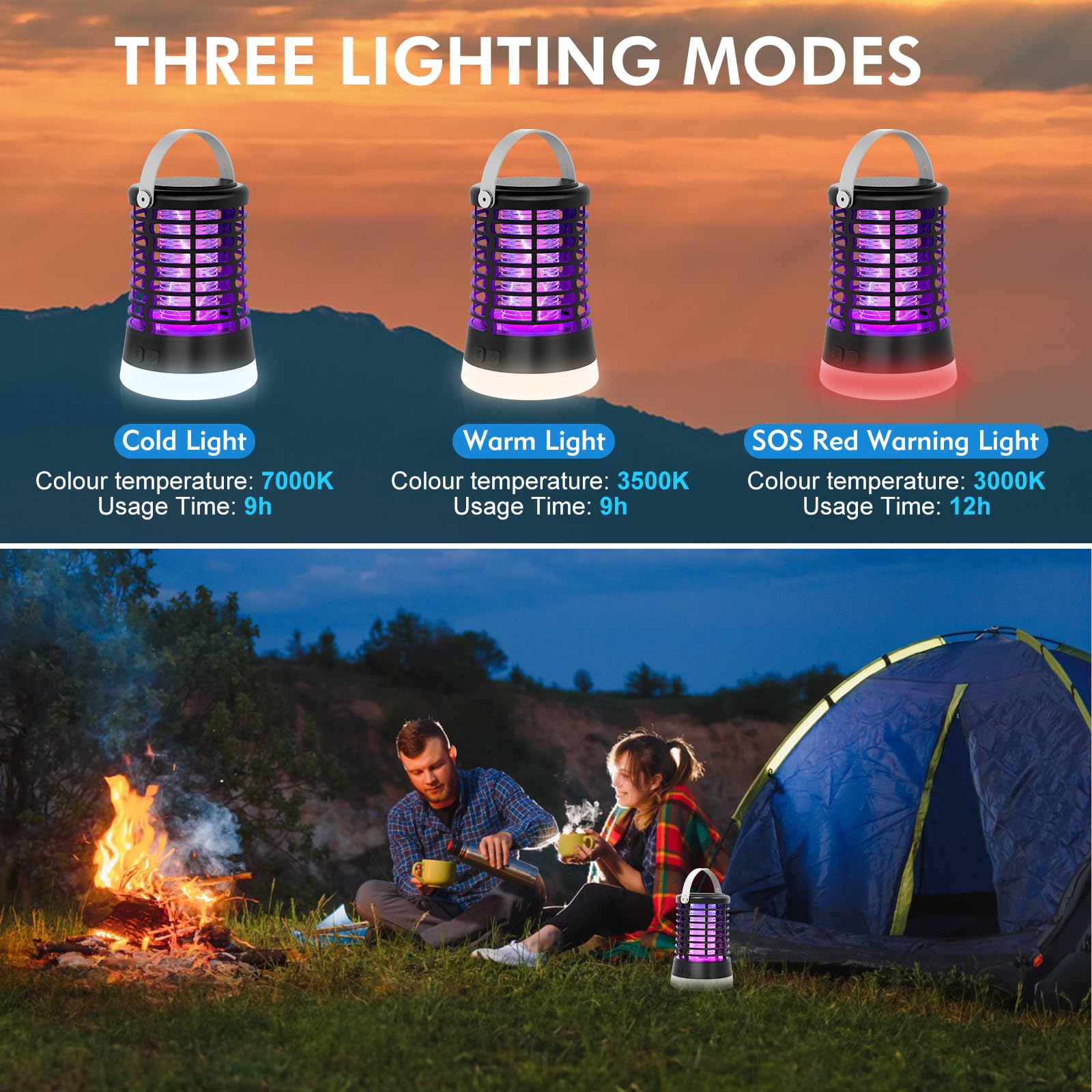 Lampe Anti Moustique Exterieur, Appareil Anti Moustique pour Camping avec Lumière LED, Destructeur d'Insectes, USB Rechargeable, IP66 Étanche, Batterie 2200mAh, Piege à Moustique Electrique