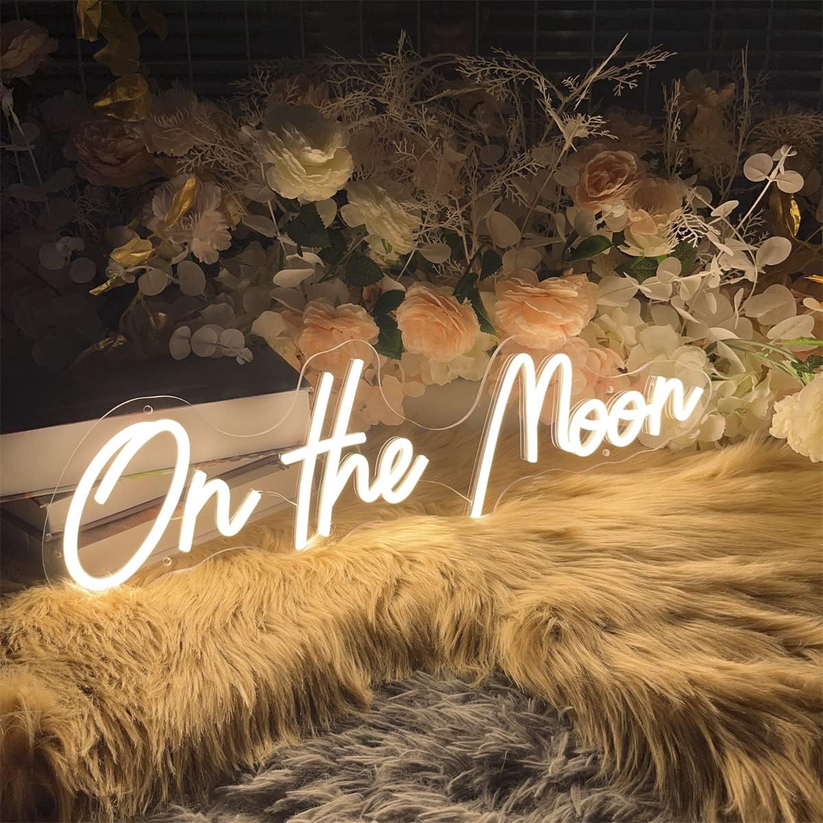 On The Moon Neon Sign Wedding Wall Decor Large Warm White Neon Light Signs for Home Room Bedroom Decor Wedding Christmas Birthday Gifts for Women 23.6x 7.4"