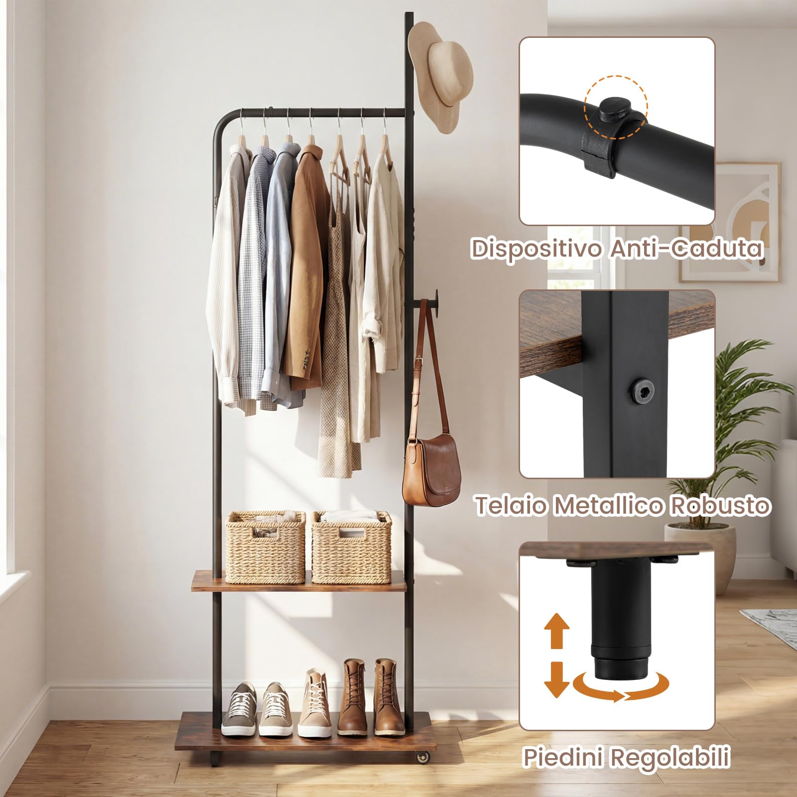 COSTWAY Appendiabiti da Terra, Attaccapanni con Ruote 2 Ganci e 2 Ripiani, Porta Abiti in Legno per Ingresso Camera Salotto, 60 x 30 x 175 cm