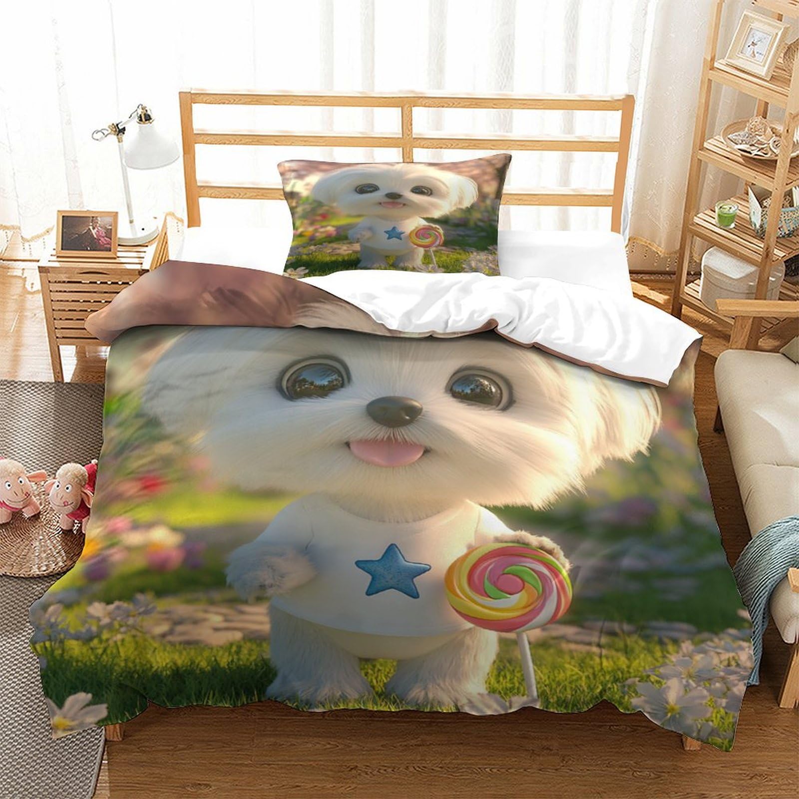Housse de couette Maltais impression 3D avec taies pour lit single 135x200