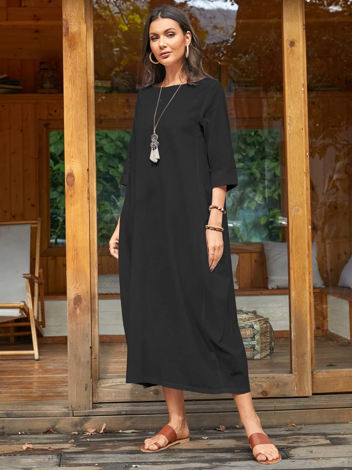 Celmia Autumn Solid Loose Long Maxi Dress Cotton Caftan - Image 2