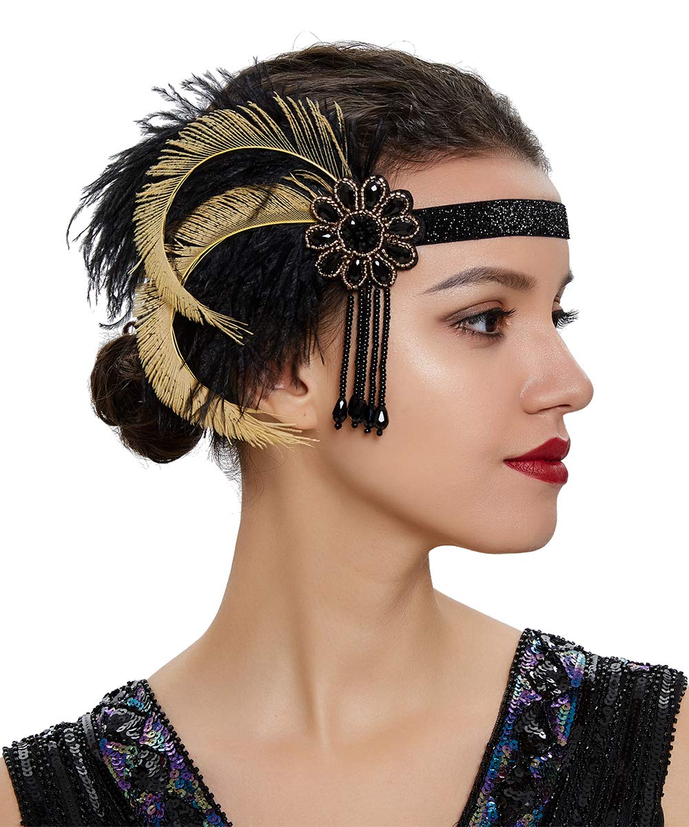 AnglacesmadeBridal 1920s Flapper Feather Headband Crystal Flower Beaded Tassel Black Feather Headpiece Great Gatsby Hair Jewelry for Women and Girls (Yellow)