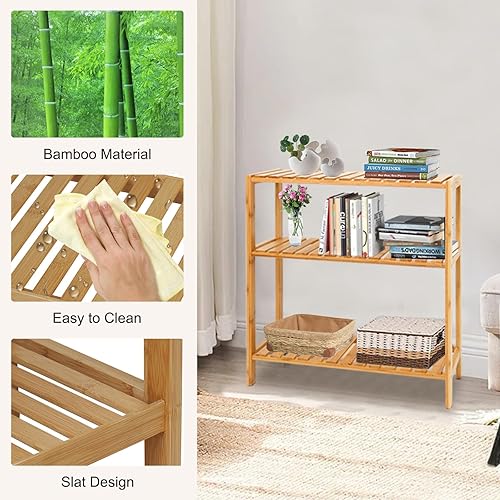 Miniatura 4 de kinbor Estante de bambú multifuncional para baño, cocina, sala de estar, soporte para plantas y flores, estante de almacenamiento (3 niveles)