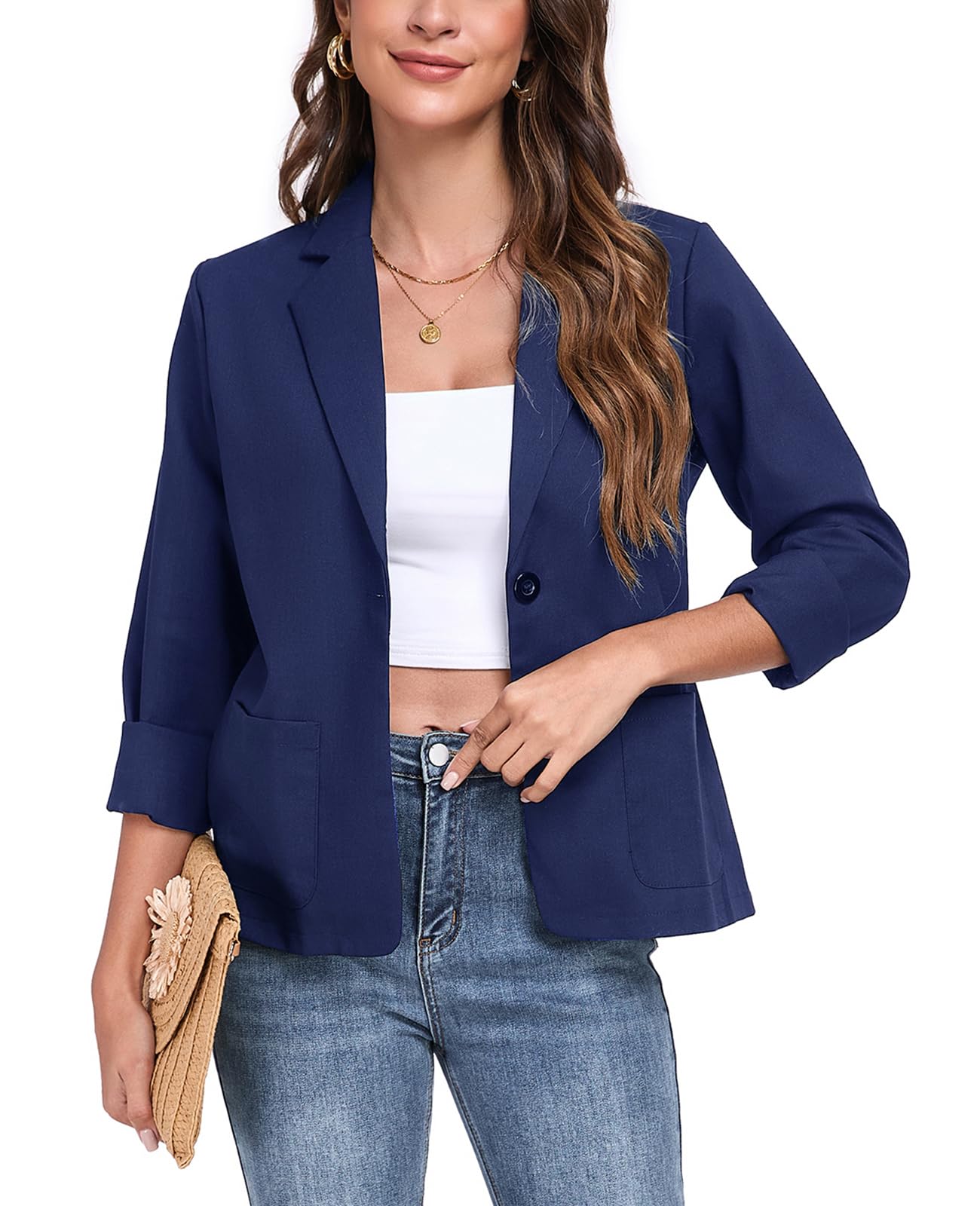 Womens Linen Blazer Long Sleeve Lightweight Work Office Jackets Casual Summer Lapel Button Blazers with Pockets