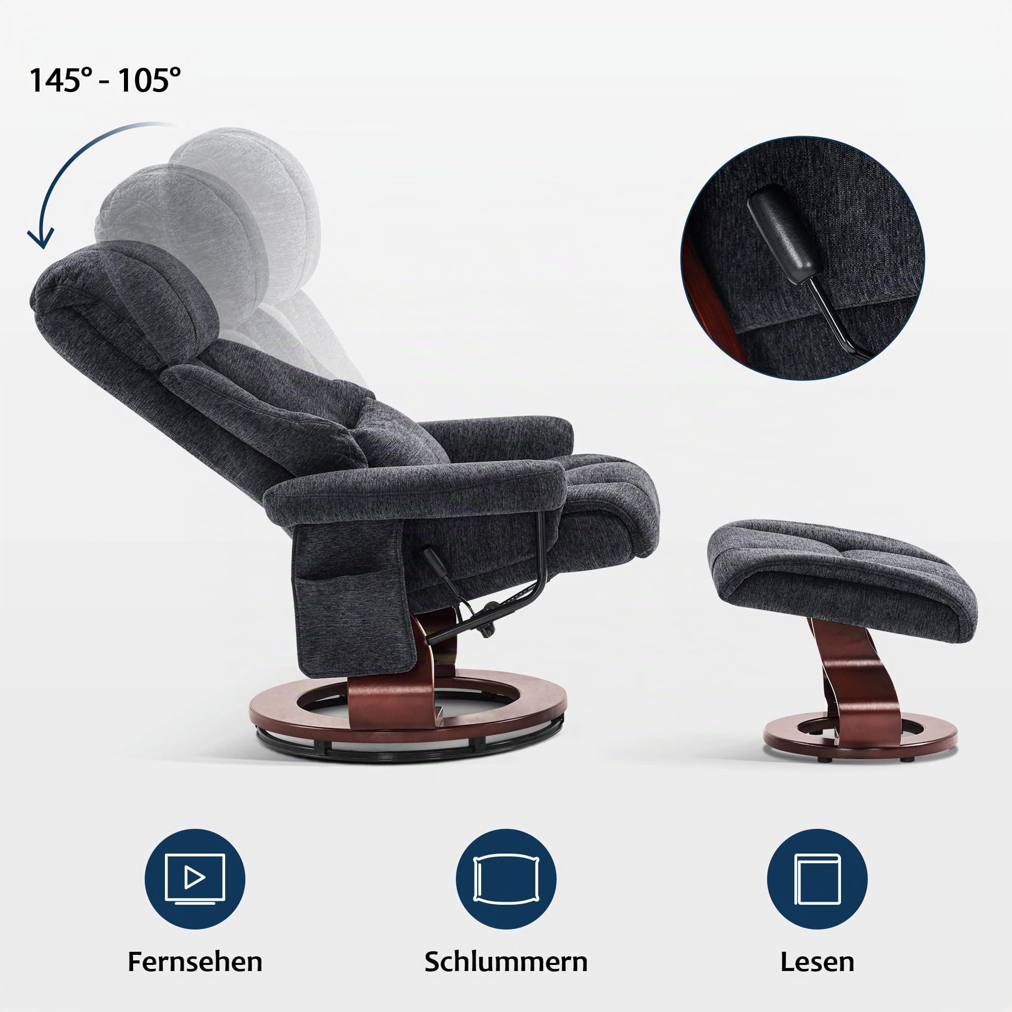 M MCombo 9066 Fauteuil Relax avec Pouf, pivotant,avec Fonction Chaise Longue, avec Coussin et Poche latérale, sans Fonction Massage, Tissu, Gris foncé