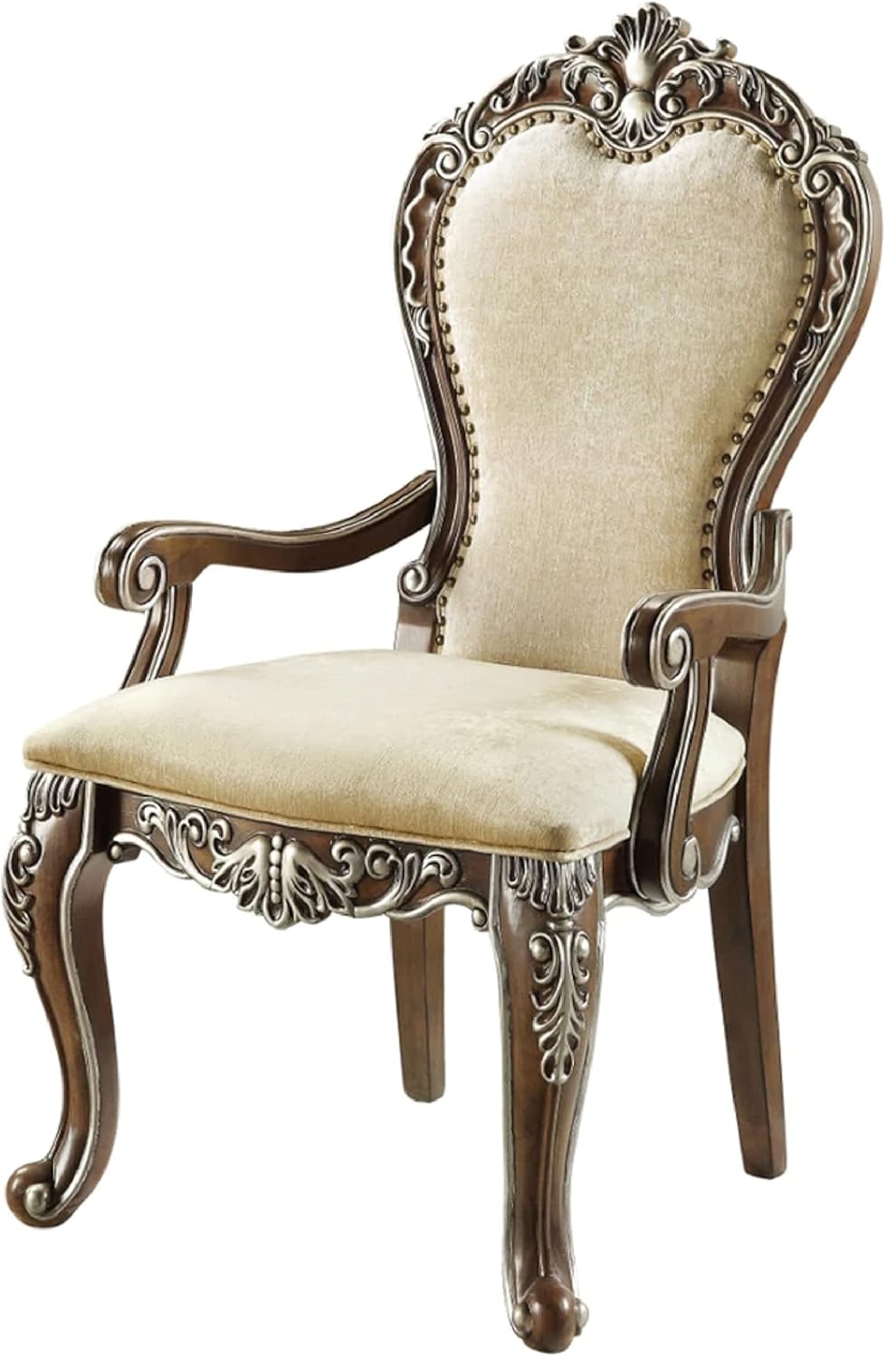 Benjara 24 Inch Classic Upholstered Armchair, Scrolled Details, Nailhead, Brown