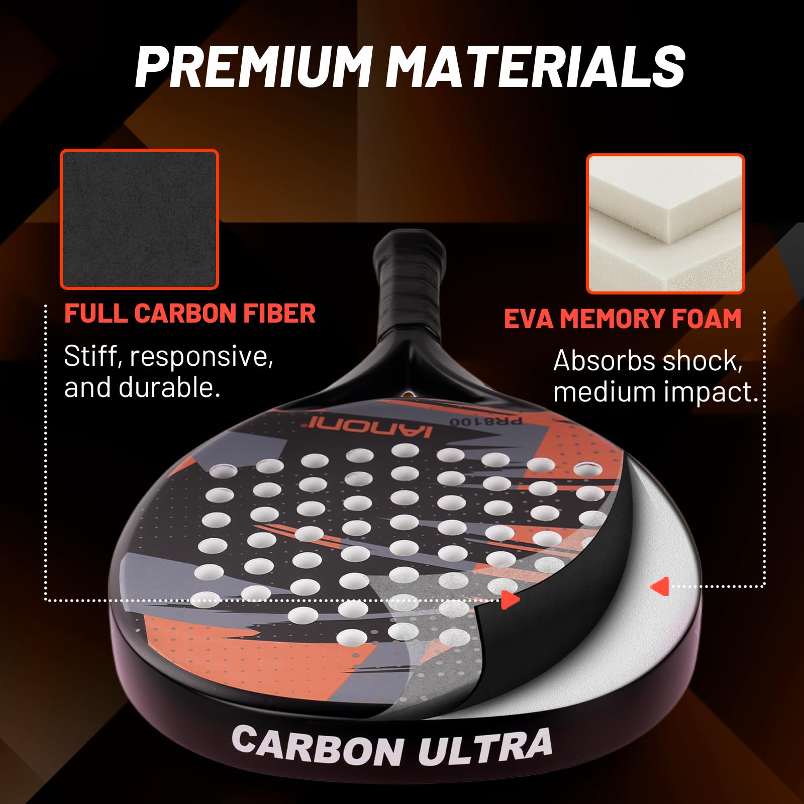 IANONI Racchetta da padel con superficie in fibra di carbonio con nucleo in schiuma EVA Memory Flex Foam Racchetta da tennis Paddle Paddle Racchetta da tennis - 8100 grigio-arancione