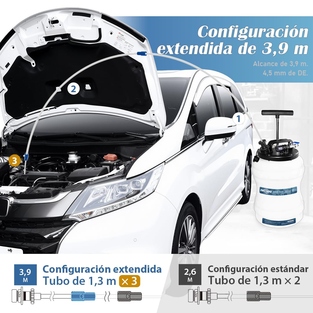 FIRSTINFO Extractor de Aceite Neumático/Manual 10,5L, Fabricado en Taiwán, con Manómetro, 5 Tubos de Aspiración, Sonda Ultrafina de 3,5 x 4,5 mm, A1107EUY5