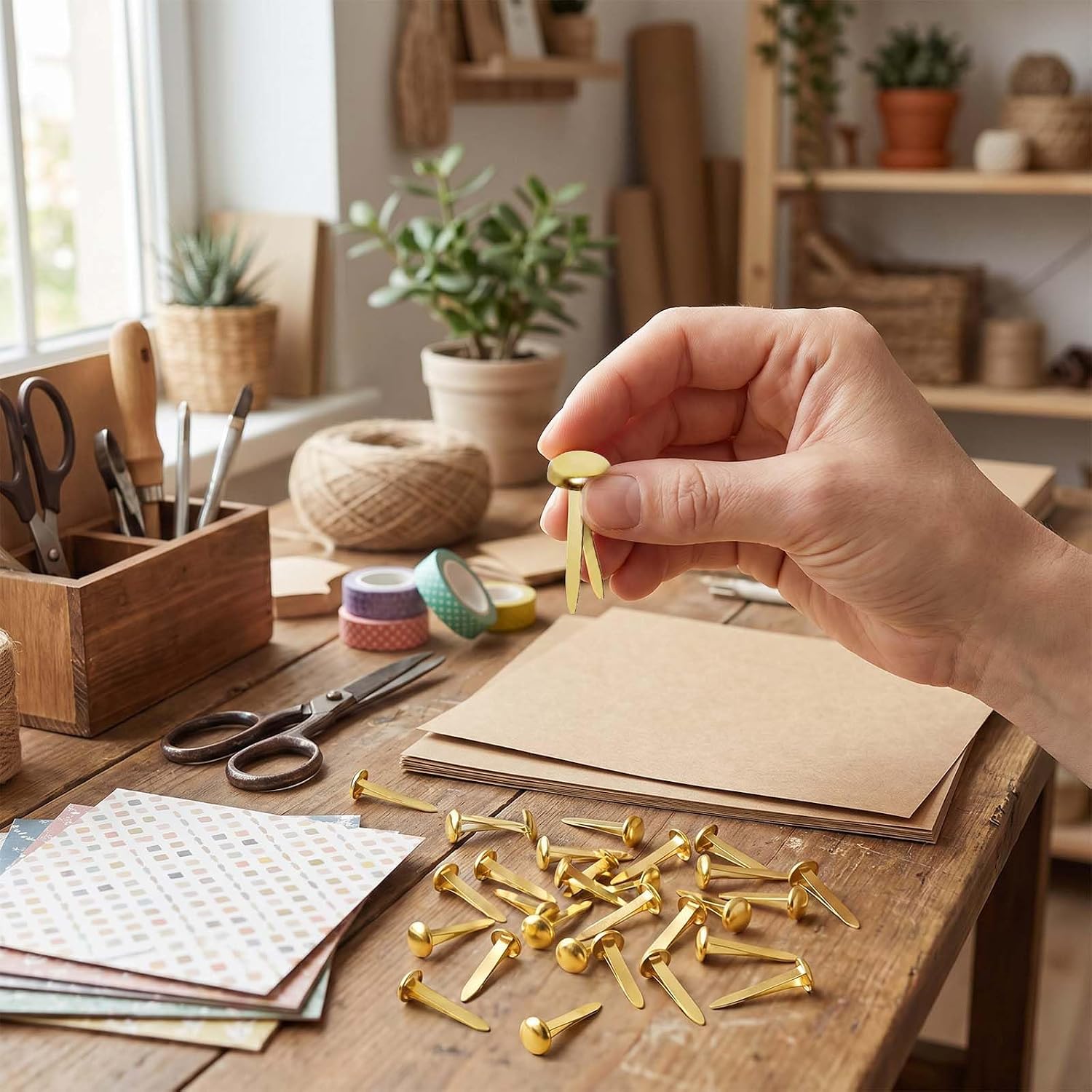 300Pcs Gold Metal Brads, 8×18mm Paper Fasteners, Mini Split Pins for Scrapbooking, Card Making, DIY Crafts & Paper Projects
