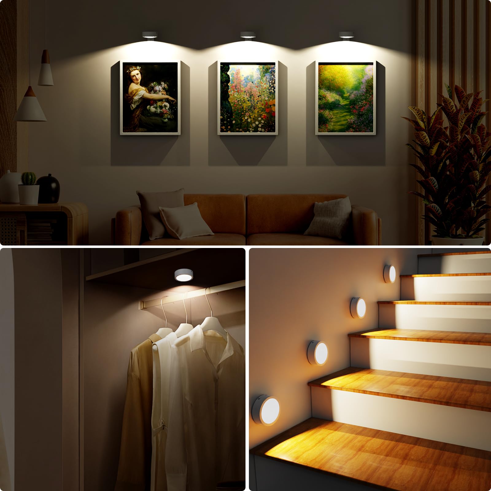 Bilderleuchten für die Wand, 13 RGB-Farben, wiederaufladbar, batteriebetrieben, Bilderrahmen-Lichter mit 3 Beleuchtungsmodi, kabellos, magnetisch, Mallicht mit Fernbedienung, Timer, Weiß, 3 Stück