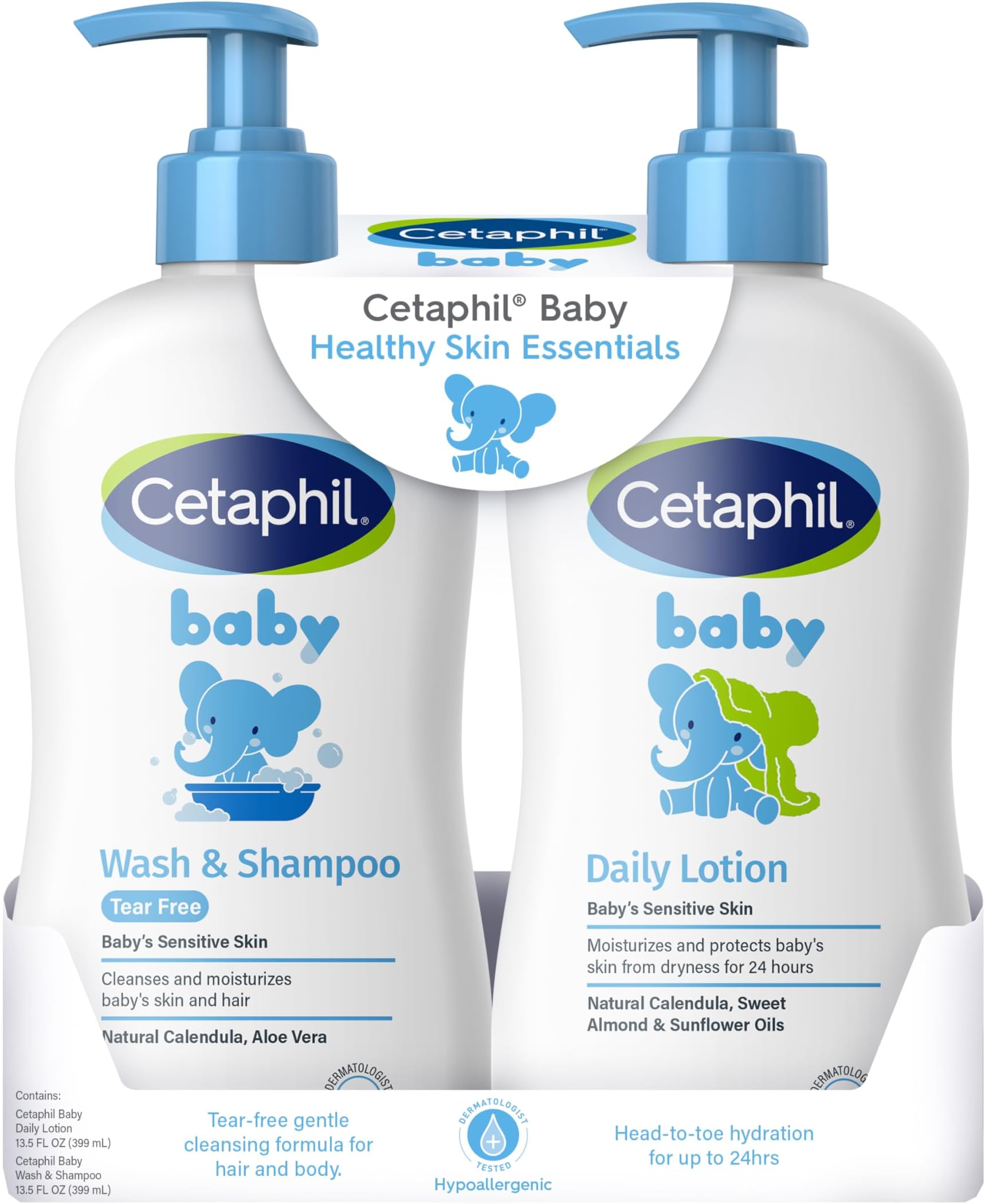 Cetaphil Baby Wash & Shampoo Plus Body Lotion, Healthy Skin Essentials, Head to Toe Hydration for up to 24 Hours, for Delicate, Sensitive Skin, 2-Pack,White