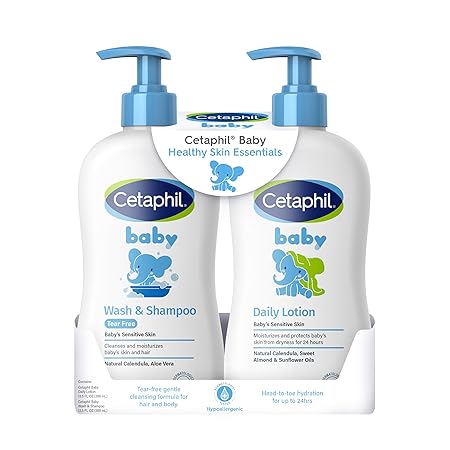 Cetaphil Baby Wash & Shampoo Plus Body Lotion, Healthy Skin Essentials, Head to Toe Hydration for up to 24 Hours, for Delicate, Sensitive Skin, 2-Pack,White
