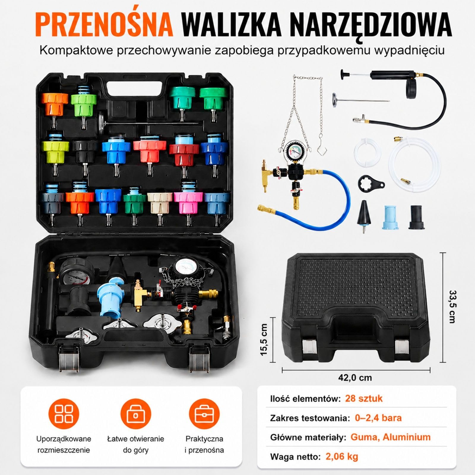 28-częściowy zestaw do testowania ciśnienia płynu chłodzącego chłodnicy z pompą ręczną, 17 metalowymi adapterami, 3 nasadkami testowymi i termometrem