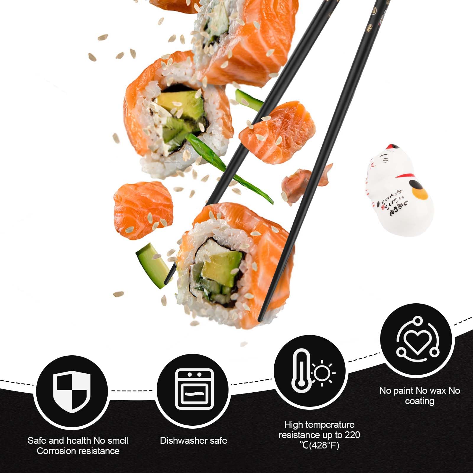 Set di bacchette per sushi con gatto, 2 paia con ceramica, bacchette in legno, riutilizzabili, in confezione regalo, sostenibile, giapponese, cinese, coreano, taiwanese