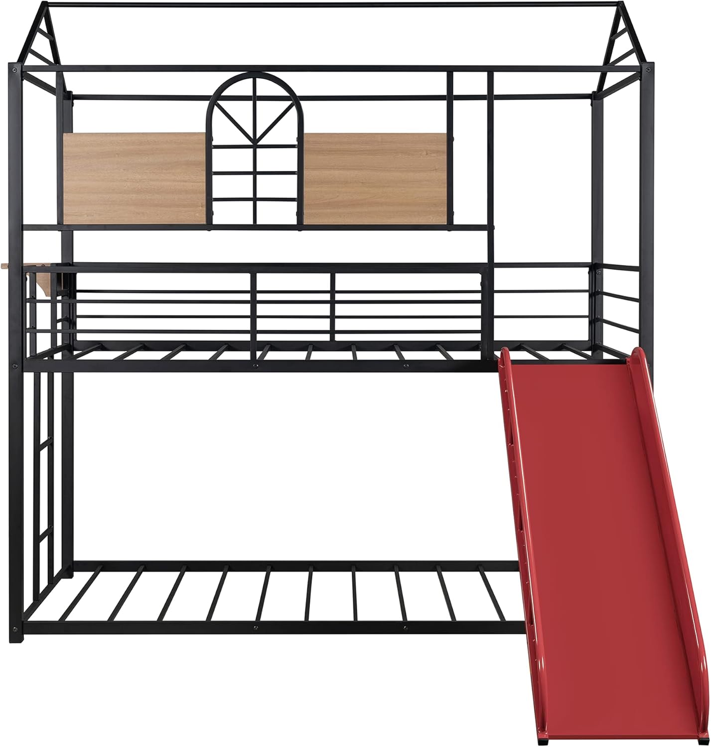 Twin Over Twin Bunk Beds with Slide, Metal Frame House Bunk Bed , Low Twin Bunk Beds with Built-in Ladder for Kids Toddlers Girls & Boys , No Box Spring Needed (Black+Red Slide)