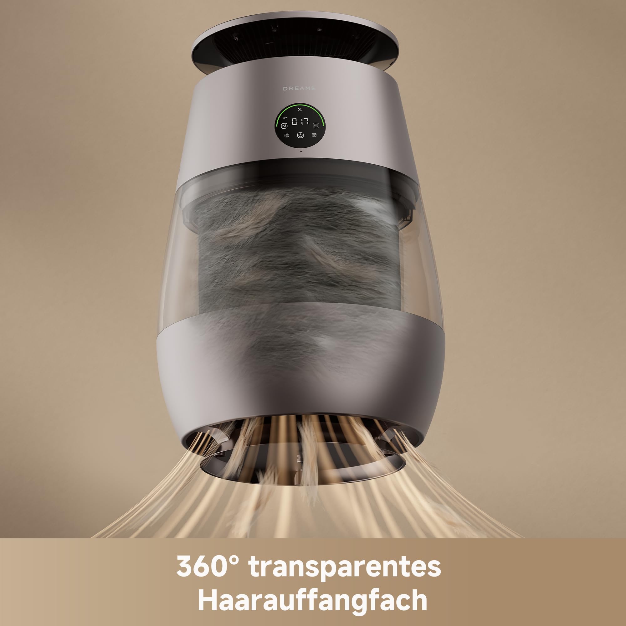 DREAME Haustier-Luftreiniger AP10, 360°-Luft-Unterdruck-Rückführungssystem mit fünfstufiger Reinigung. Transparenter Behälter, geschwungene Oberseite und LED-/Beleuchtung mit App-Steuerung
