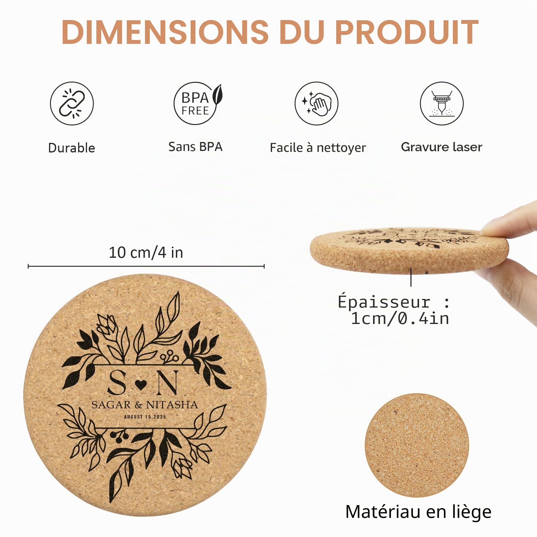 Lot de 30 à 100 sous-verres en liège personnalisés pour boissons, ronds de 10,2 cm, cadeaux de mariage pour invités, dessous de verre personnalisés en vrac avec texte, image ou logo gravé au