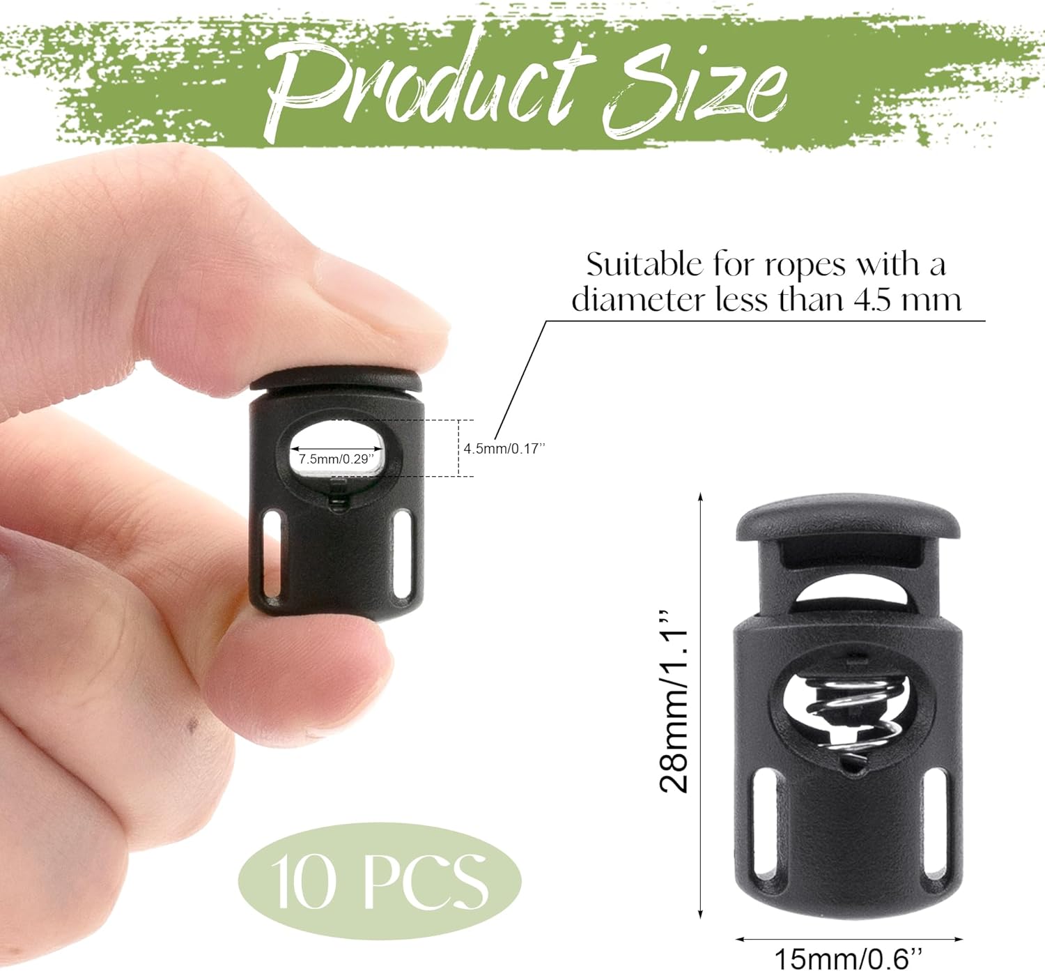 BlingKingdom 10 PCS Plastic Cord Locks, Single Hole Elastic Cord Adjuster, Spring Toggle Stopper Fastener for Drawstrings, Paracord, Bags, Shoelaces, Clothing, Tent (Black) - Image 3