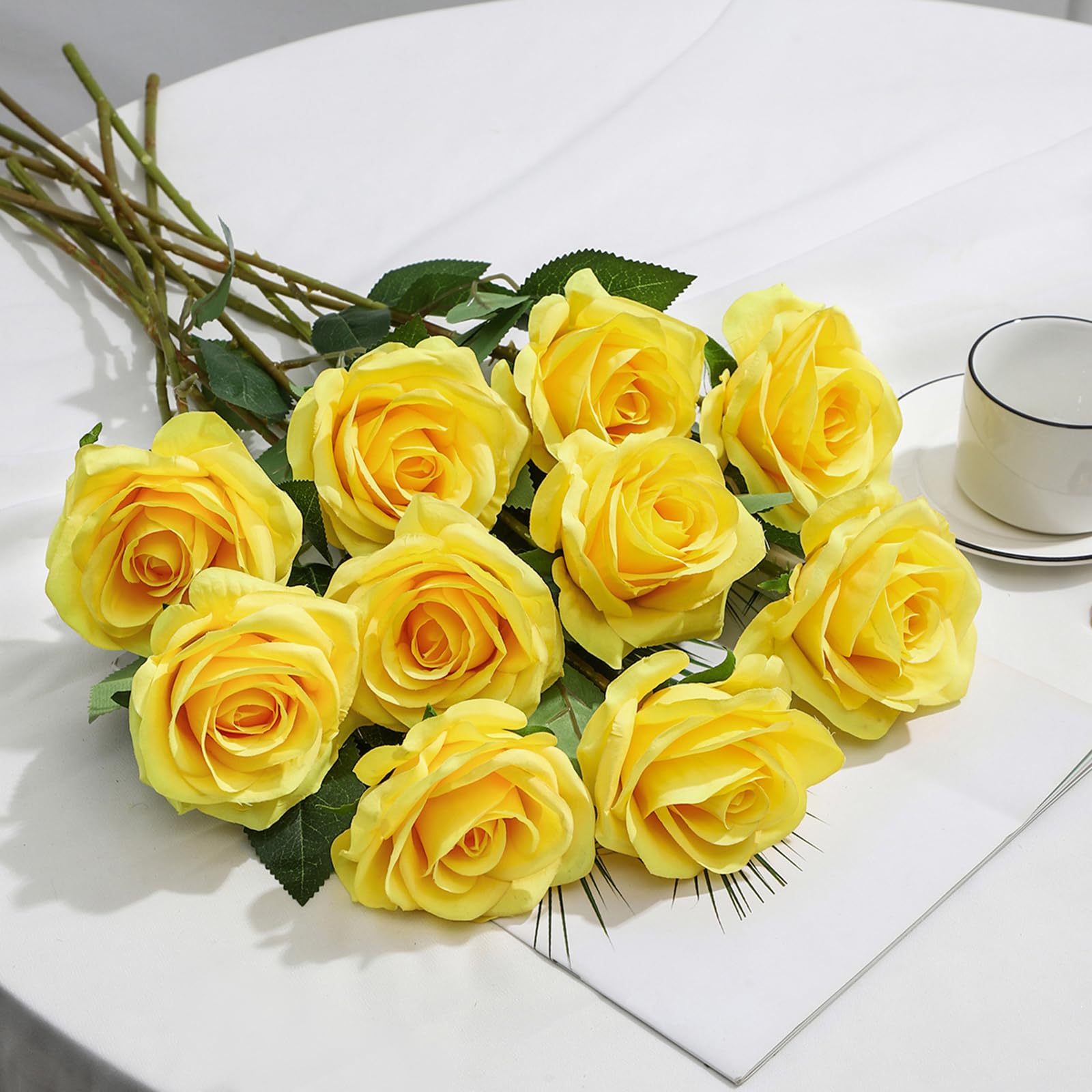 LEUCHTAMOR 10Pcs Artificial Roses Fake Silk Roses Yellow Fake Single Stem Realistic Roses Bouquet for DIY Craft Faux Flowers for Home Decorations Wedding Flowers Bouquet Garden Decor