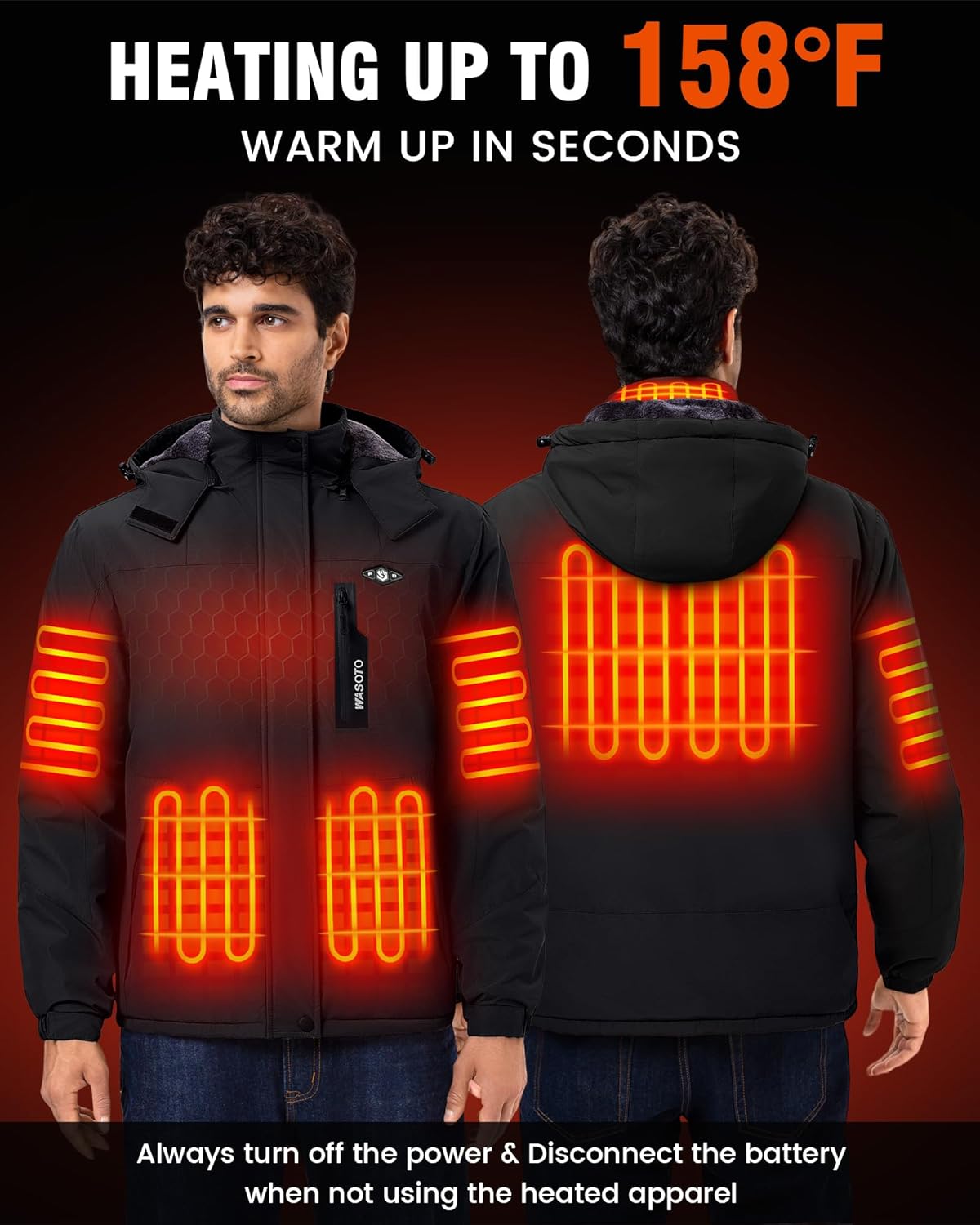WASOTO Heated Jackets for Men Fur Lining with 18400mAh Battery Pack Charger included Rechargeable Waterproof for Hunting Work - Image 4