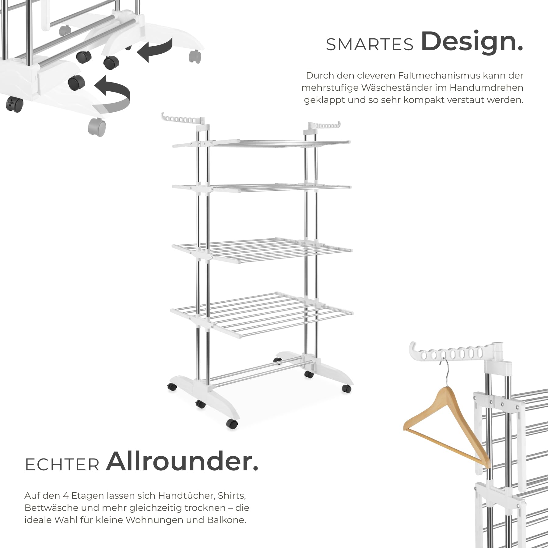 TecTake® klappbarer Turmwäscheständer mit 4 Etagen, 2 schwenkbare Seitenflügel, 6 Rollen, platzsparender Wäscheständer, Trockenständer, Wäscheturm, Kleiderständer, Balkon Wäscheständer - weiß/Chrom