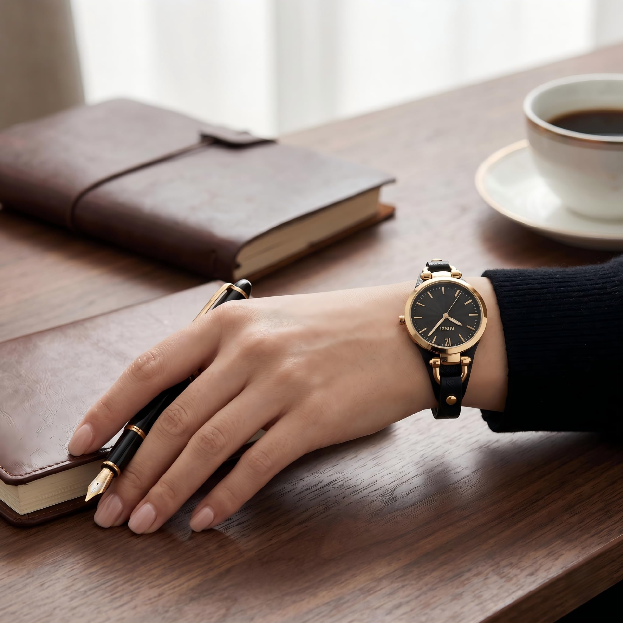 BUREI Relogio Feminino - Orologio da polso da donna, semplice, con cinturino in pelle, di lusso, al quarzo, sottile, con quadrante nero dorato