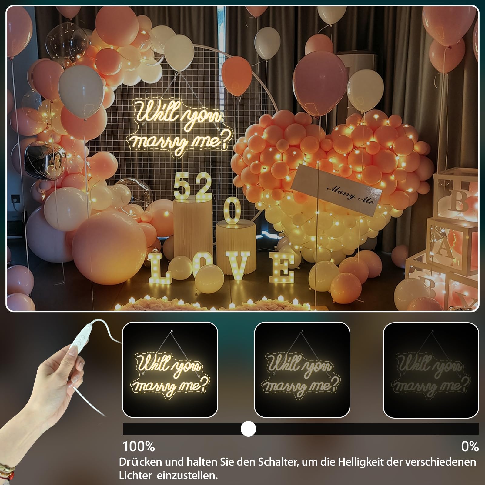 Cartello al neon con scritta "Will You Marry Me" per decorazione da parete, con lettere LED al neon, alimentato da USB, per decorazioni per proposte, matrimoni, feste di San Valentino